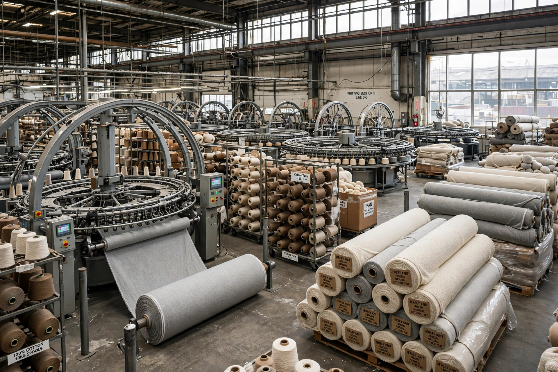 Circular knitting machines in a mill producing rolls of jersey fabric with cones of cotton yarn nearby