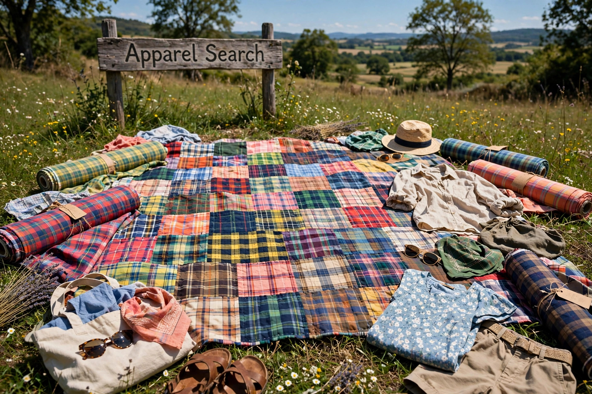 Patchwork madras made of many colorful plaid cotton squares with rolls of madras fabric and summer garments