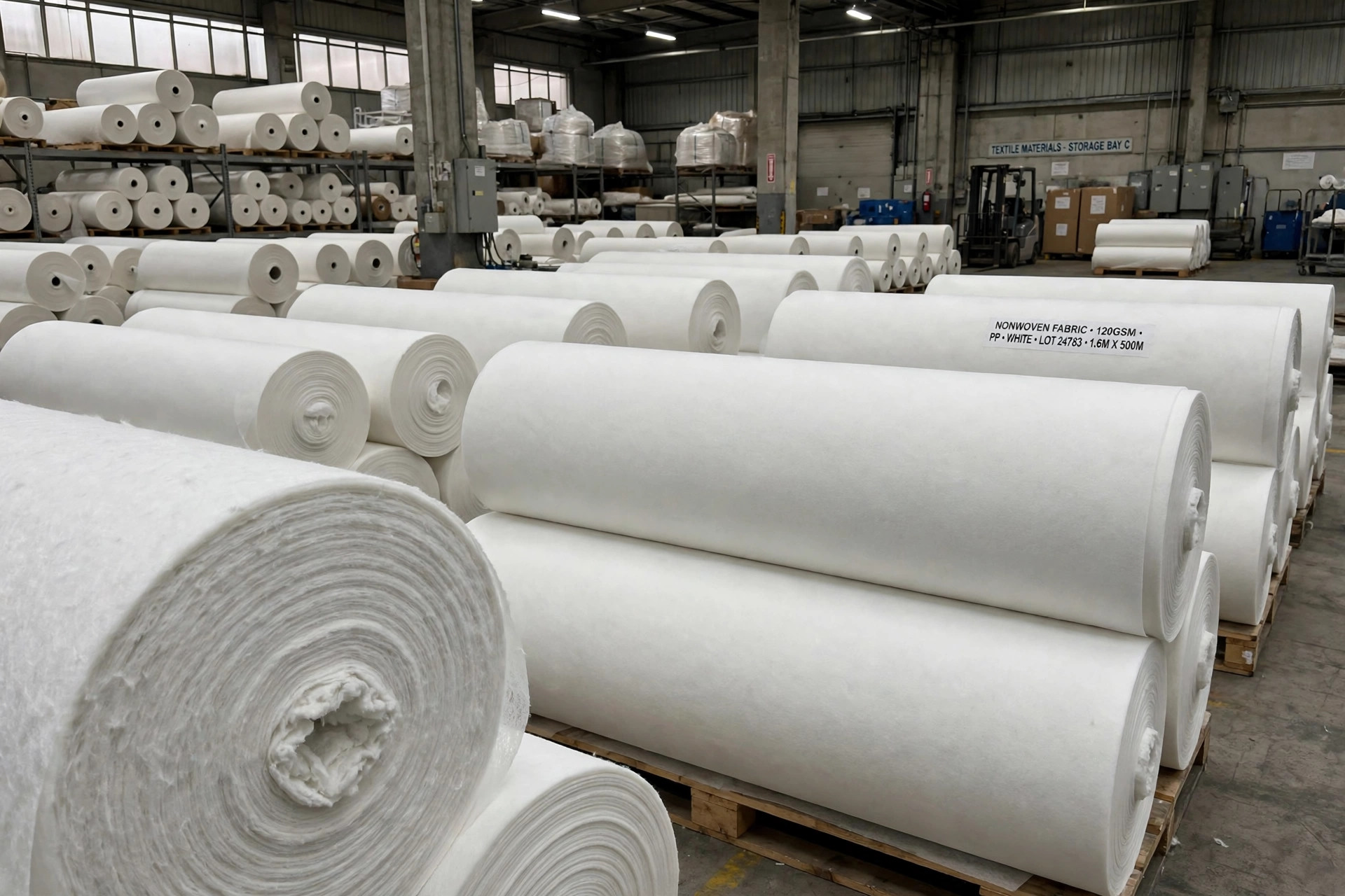 Large rolls of white nonwoven fabric stored in a textile factory warehouse