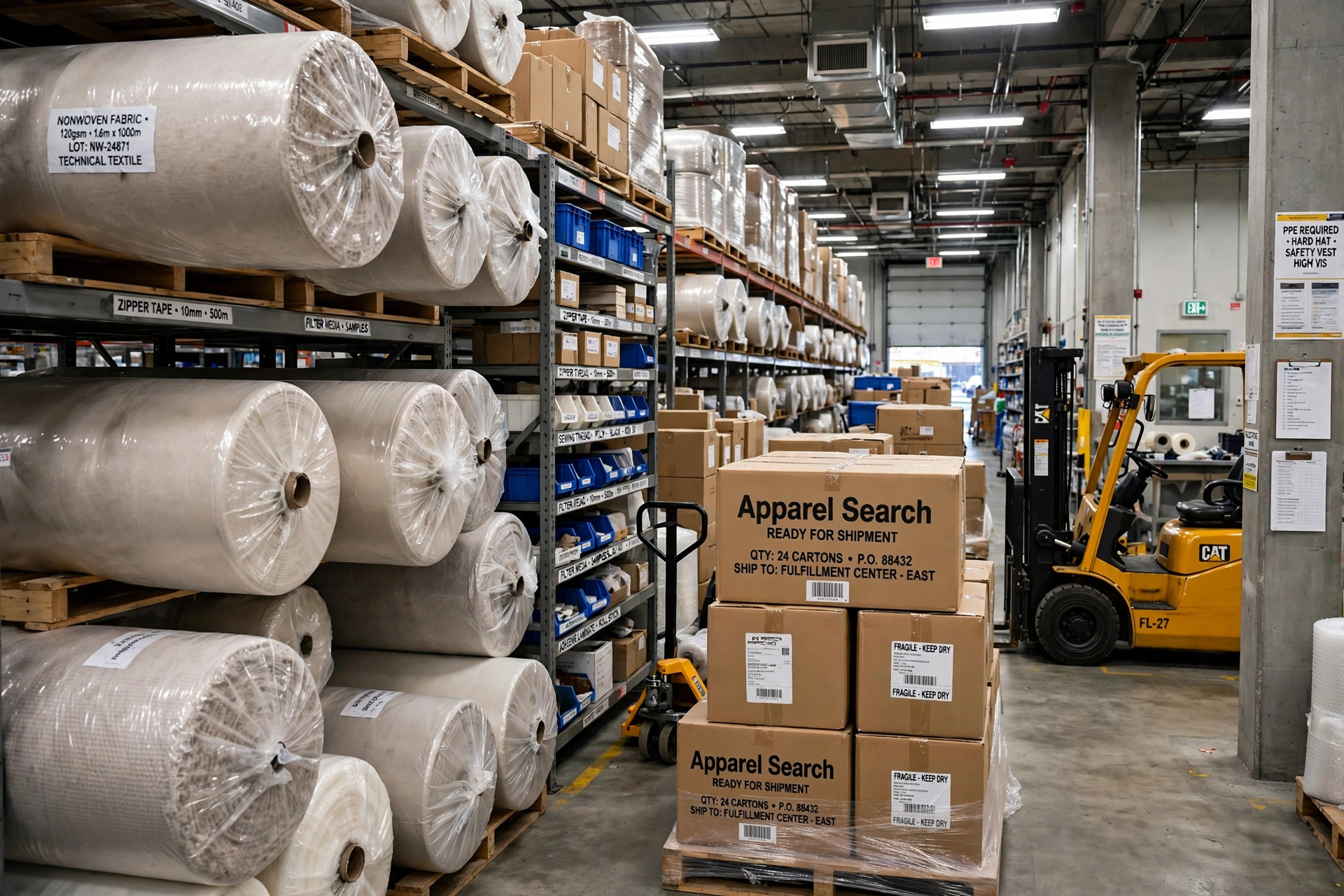 Wrapped rolls of nonwoven fabric on pallet racks in a wholesale distribution warehouse