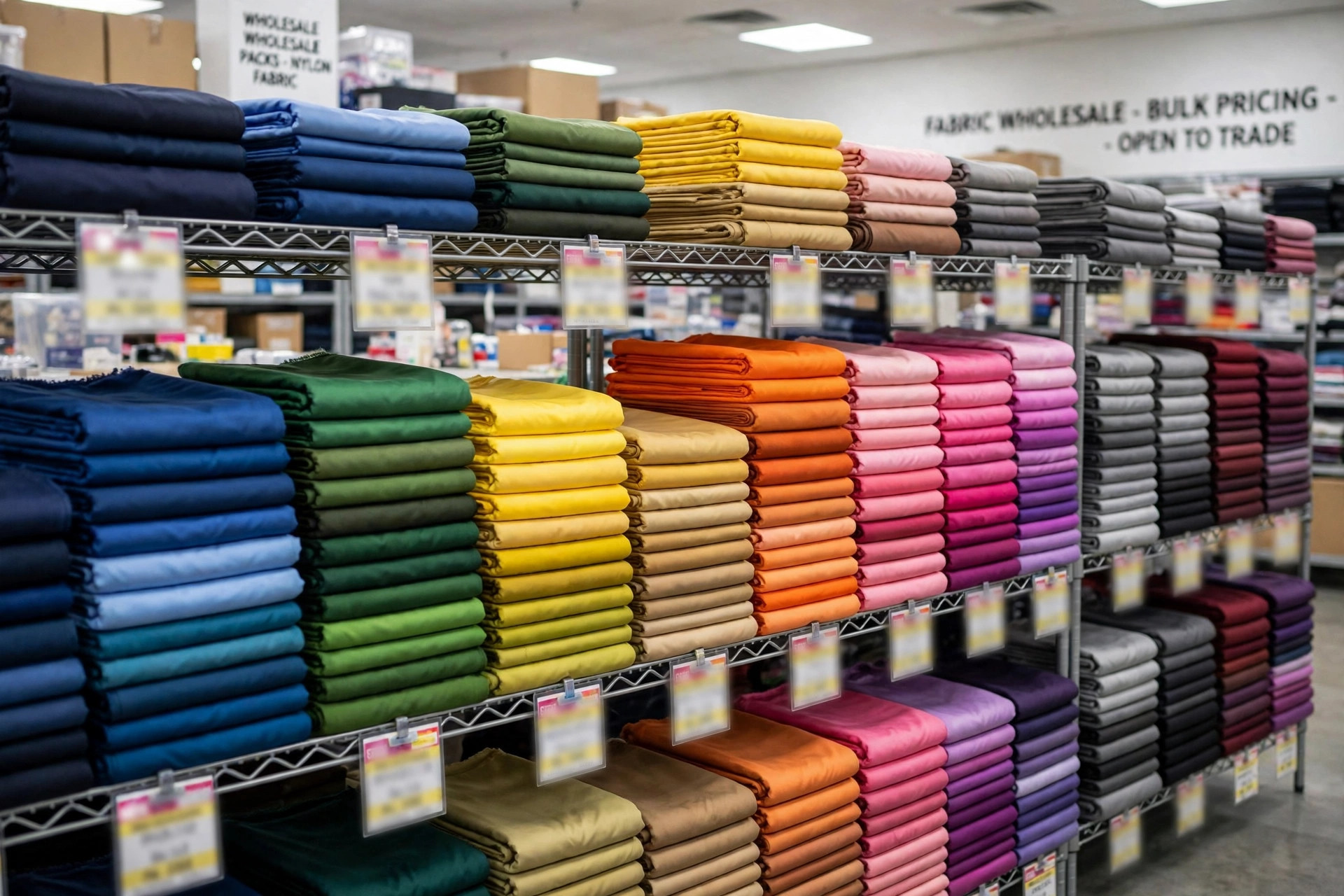 Folded nylon fabrics in several colors stacked on shelves in a wholesale fabric showroom