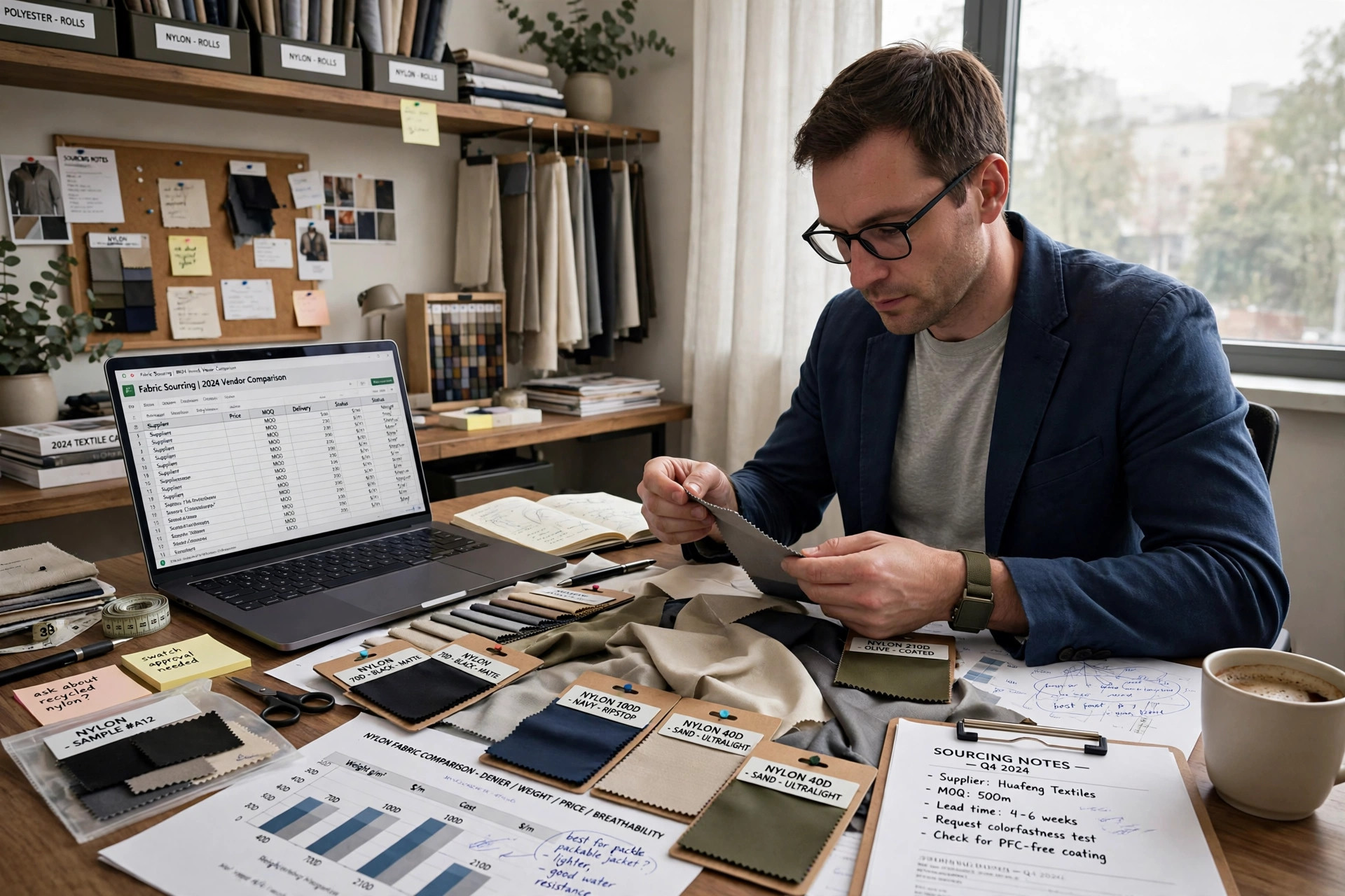 A textile buyer examining nylon fabric swatches and price charts at a sourcing office desk