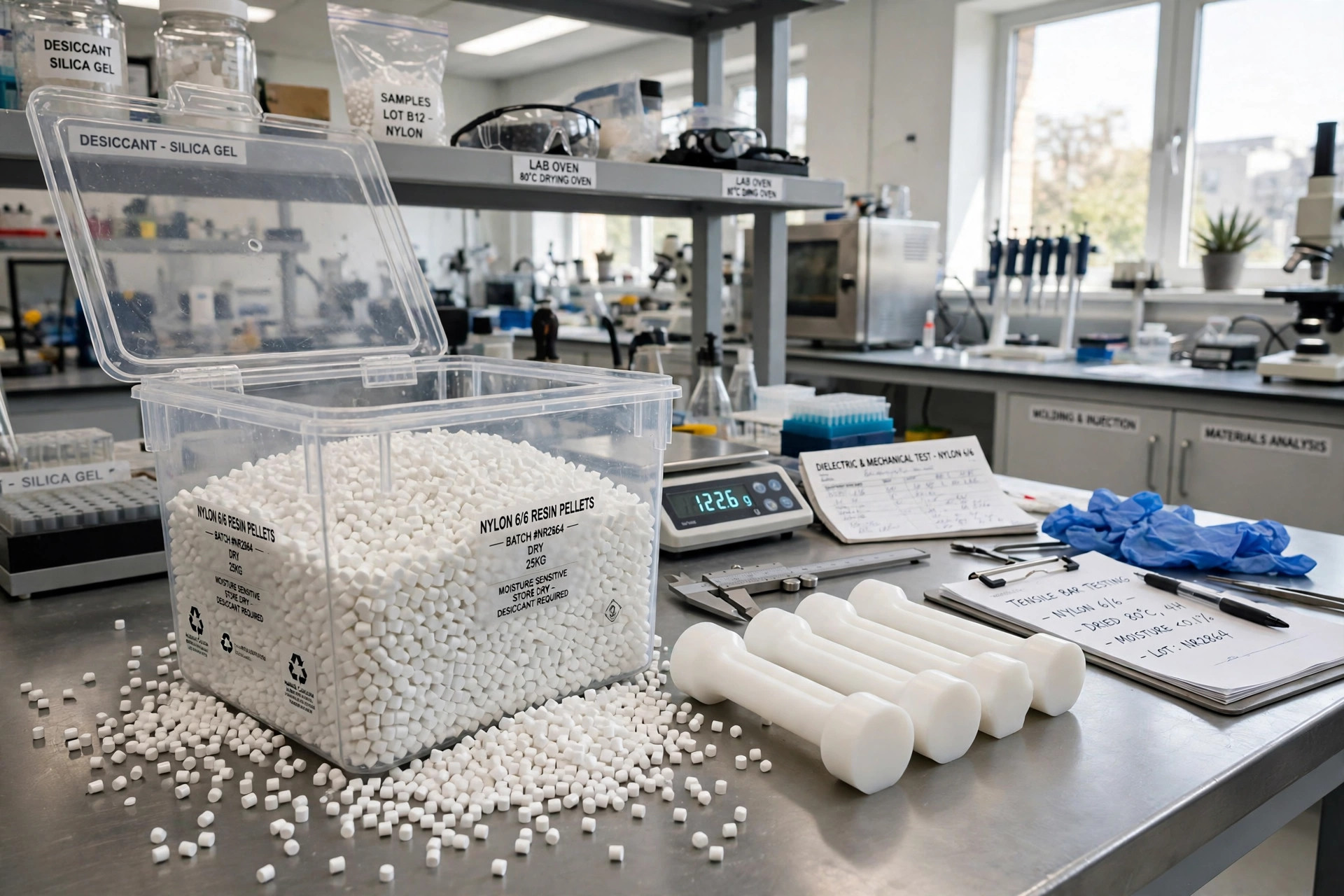 White nylon resin pellets and polymer sample bars in a materials laboratory container