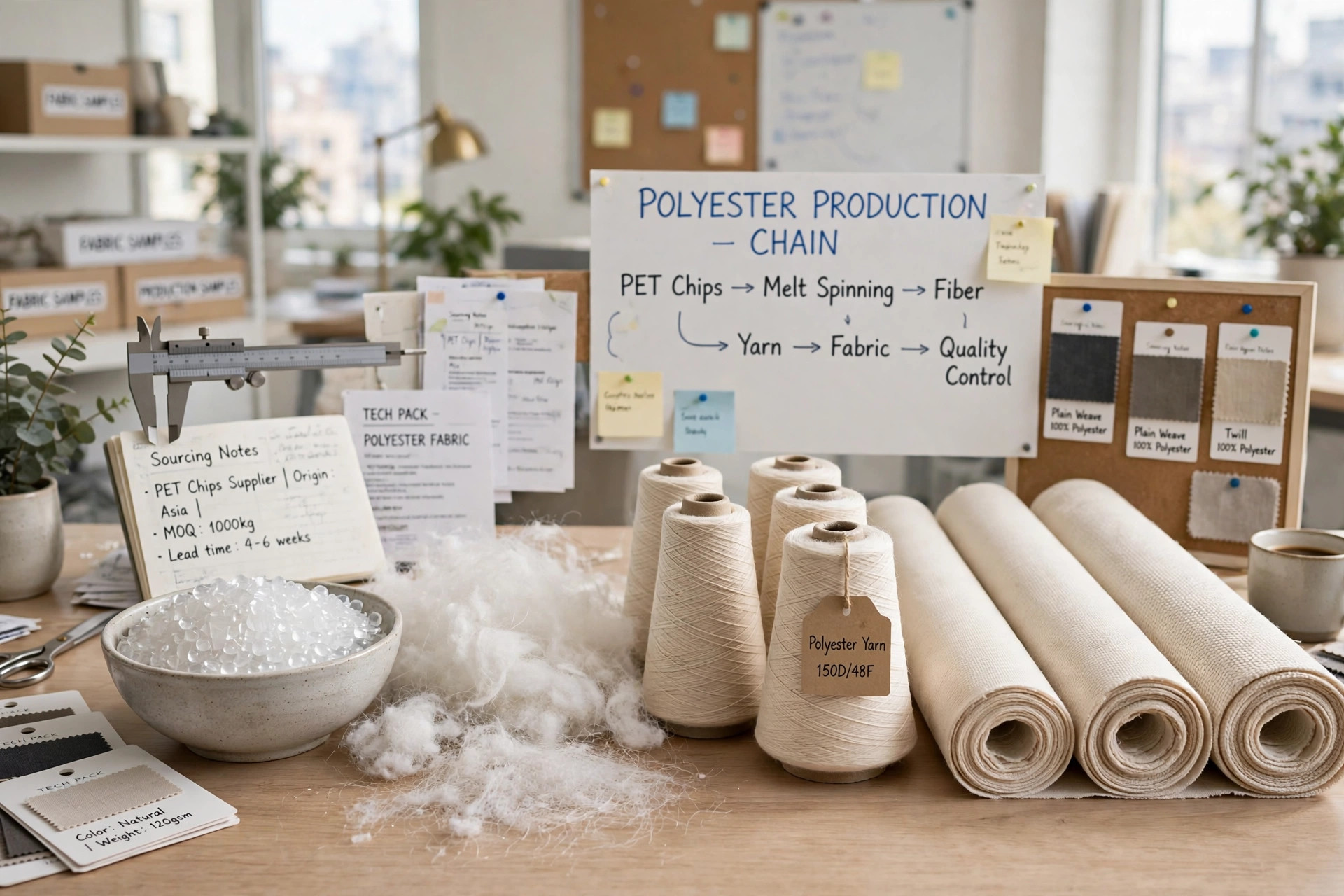 Polyester production chain in one scene: polymer chips, fiber bobbins, yarn cones and finished fabric rolls arranged in sequence