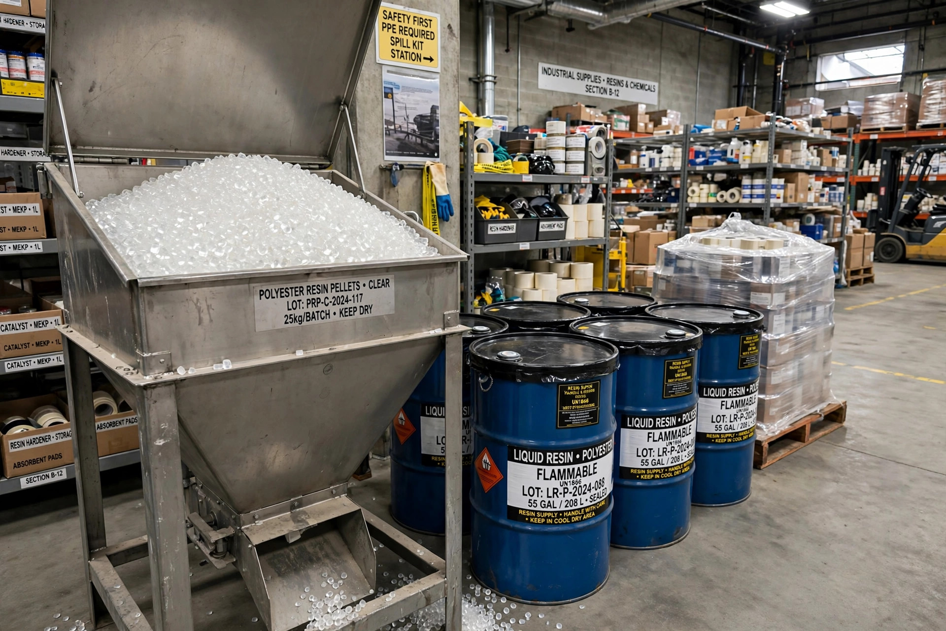 Clear polyester polymer resin pellets in a hopper beside drums of liquid resin in an industrial supply warehouse