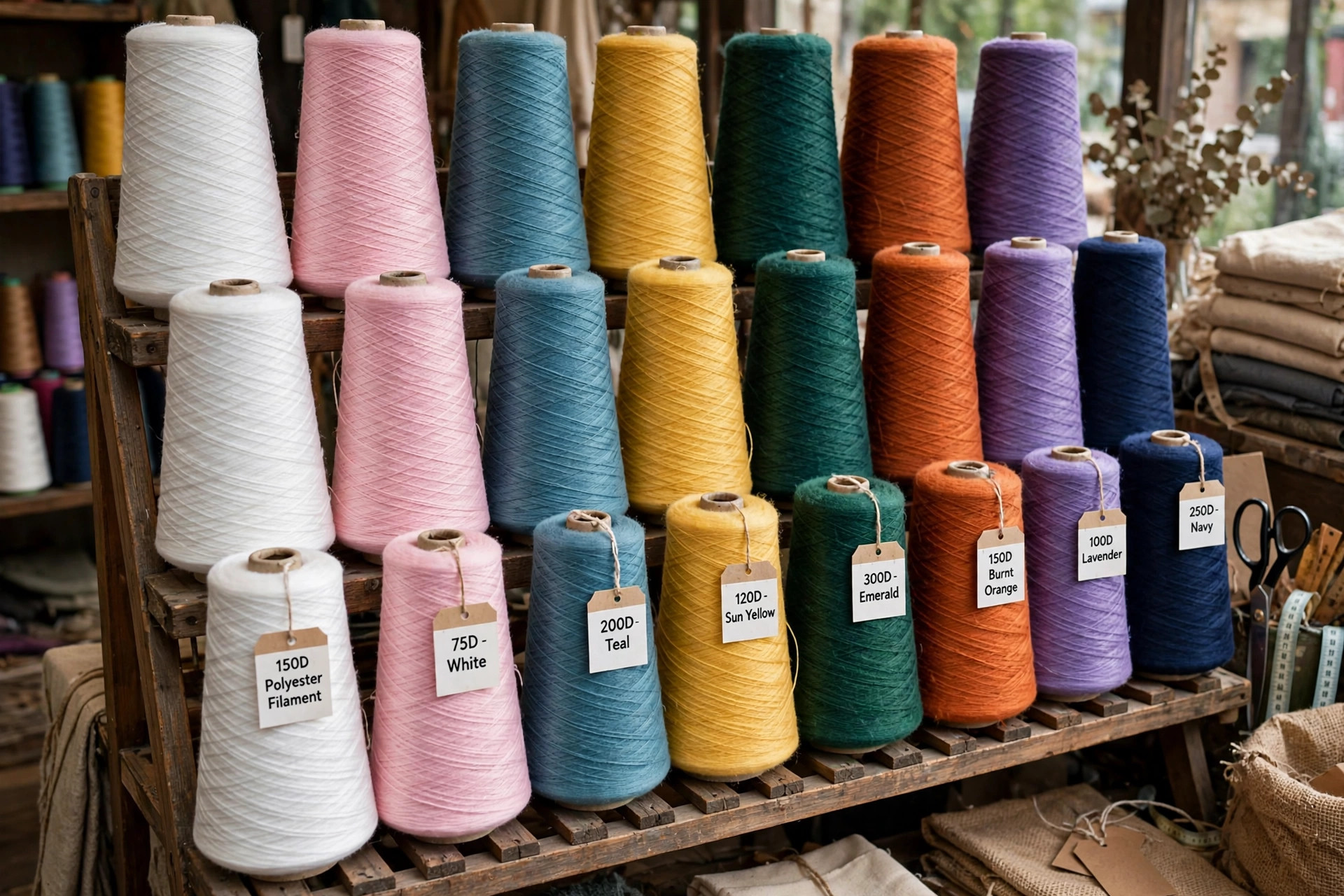 Cones of polyester filament and spun yarn in white and dyed colors on a yarn store rack with denier labels