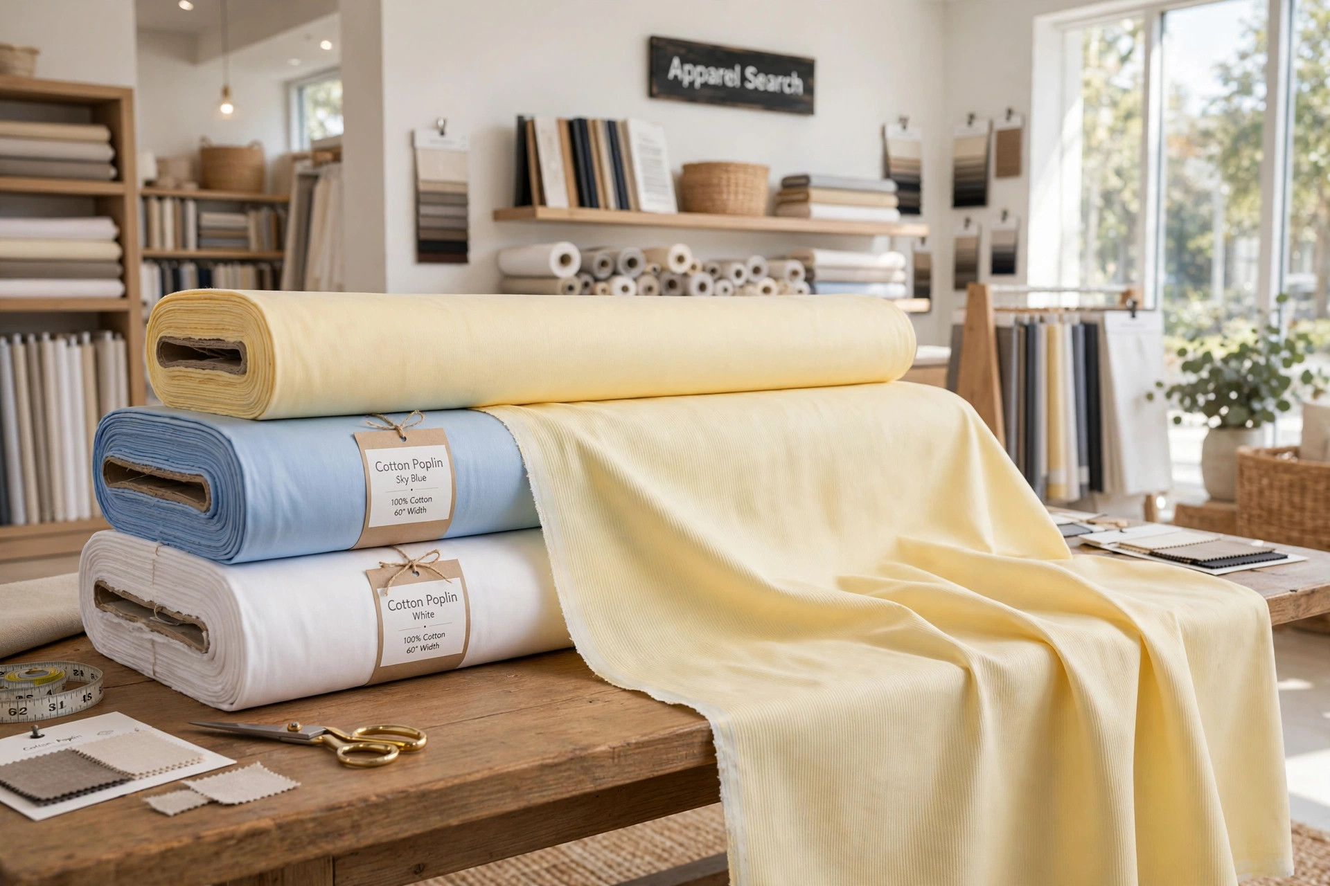 Bolts of smooth cotton poplin fabric in white, blue and yellow with one bolt unrolled to show the fine weave