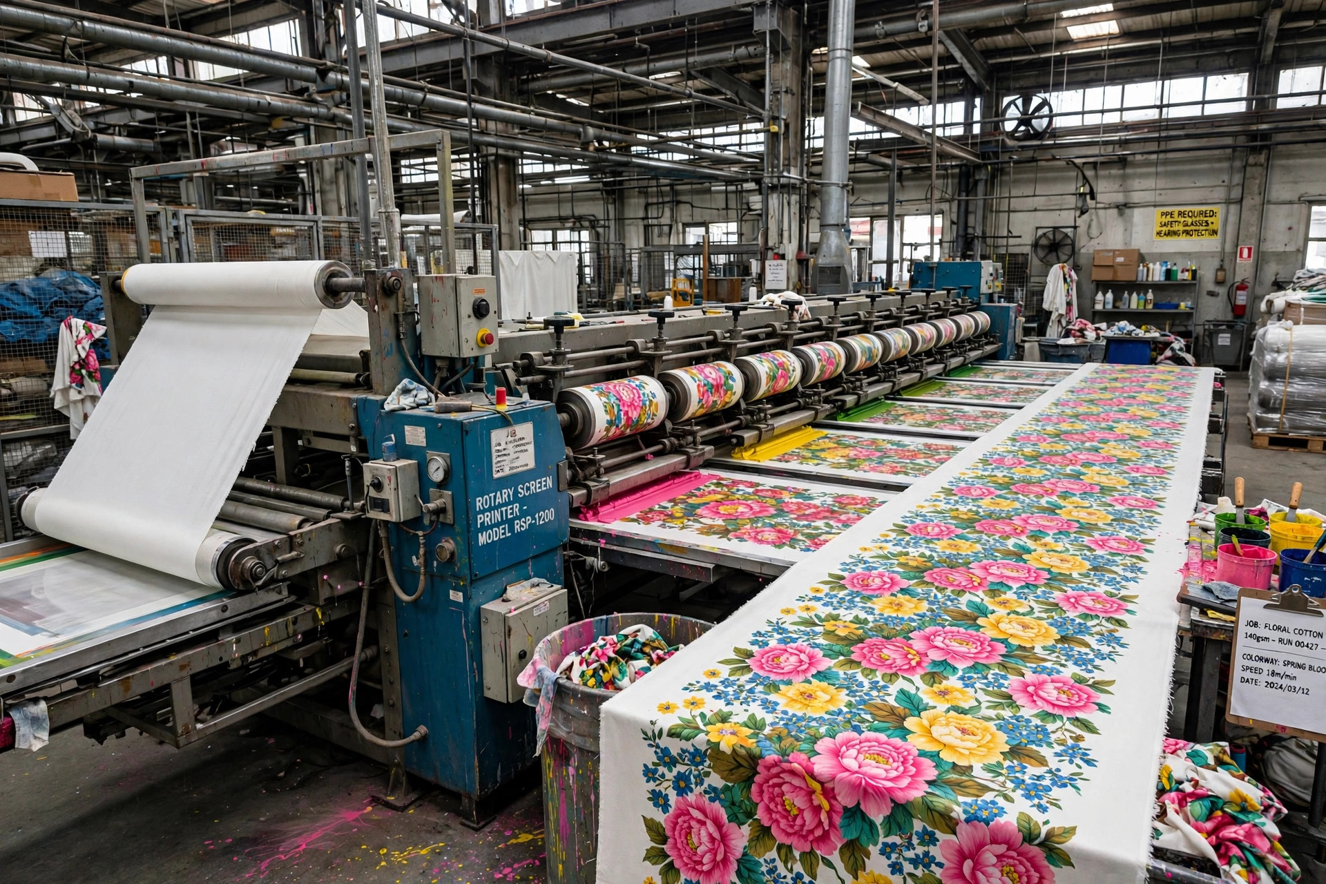 Rotary screen printing machine applying a floral pattern to cotton fabric in a textile mill