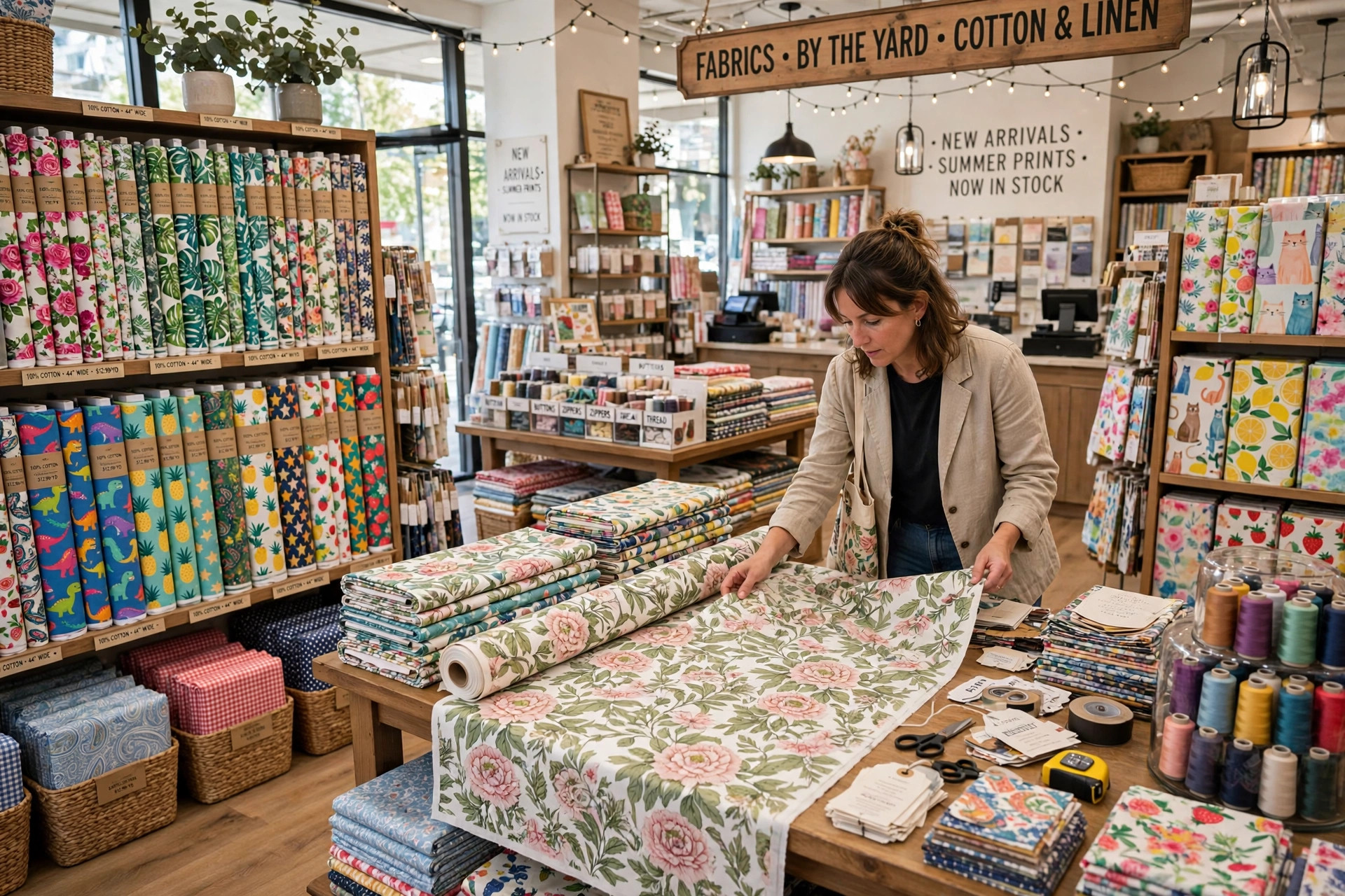 Shelves of colorful printed cotton fabrics by the yard in a bright fabric retail store