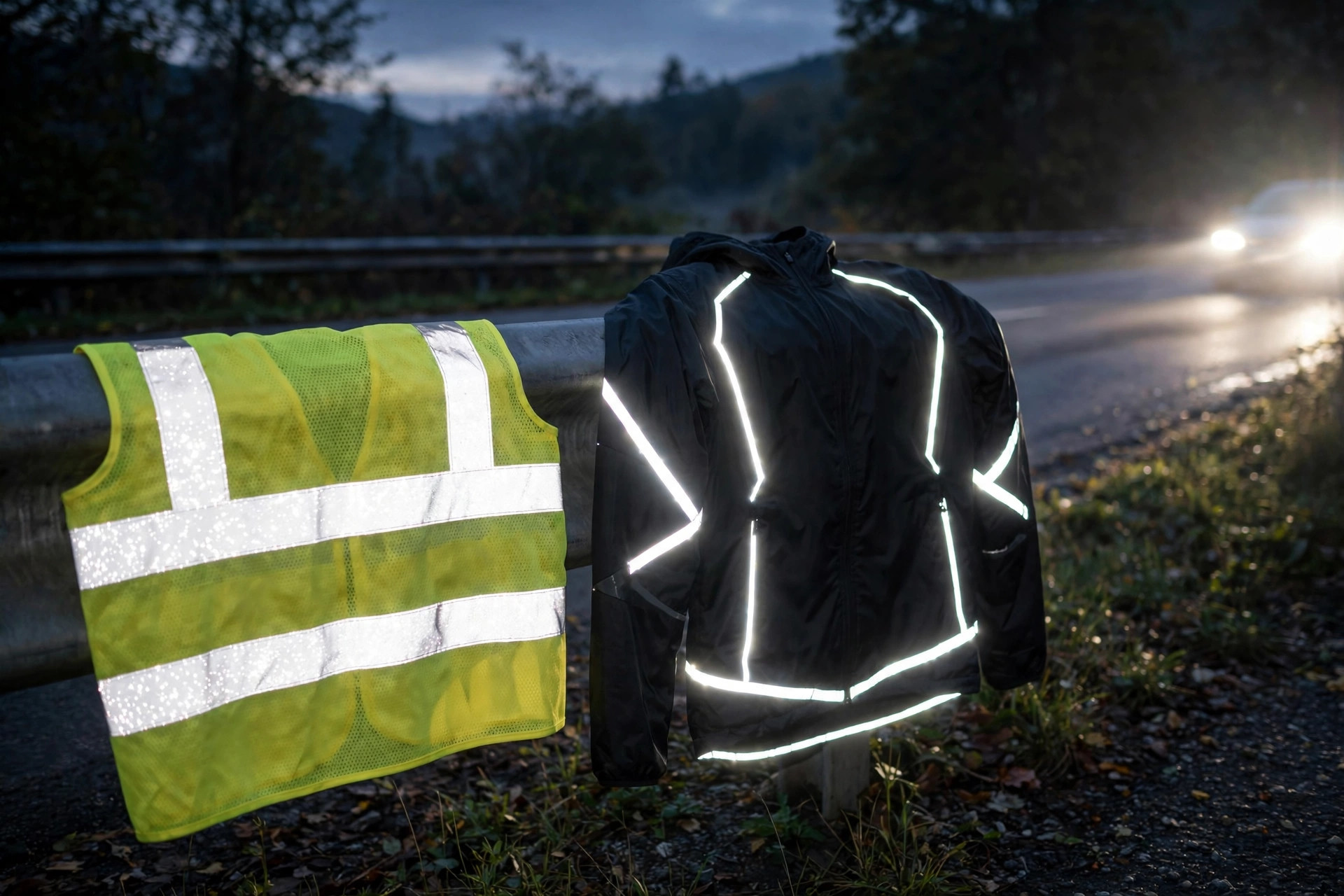 High-visibility vest and running jacket with silver reflective strips glowing in car headlights at dusk