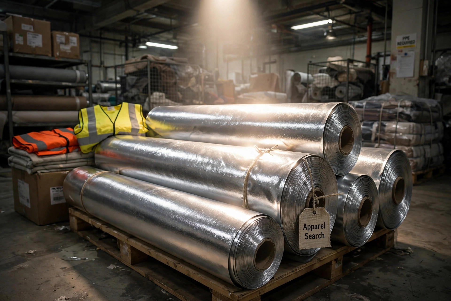 Rolls of silver reflective fabric glowing under a light source in a textile warehouse