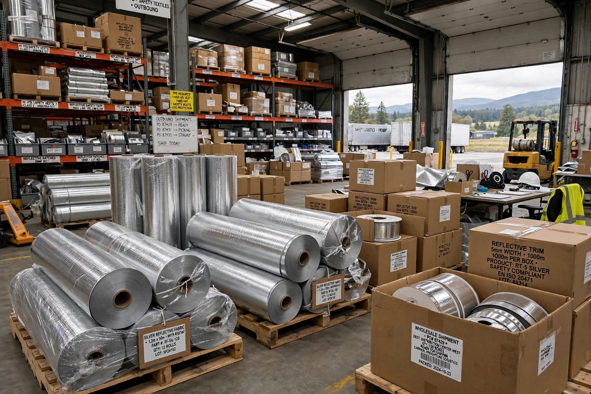 Warehouse shelving with large rolls of silver reflective fabric and boxes of reflective trim for wholesale shipment