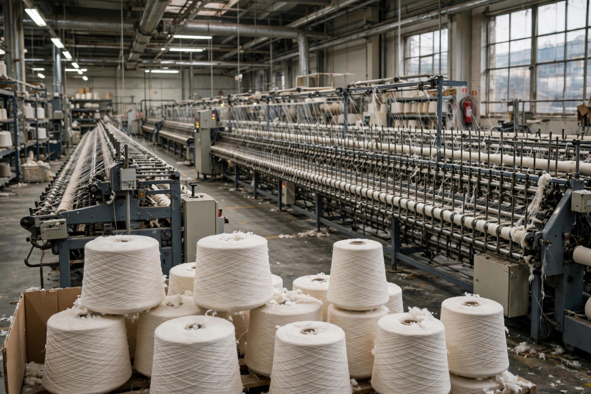 Rows of ring spinning frames producing fine cotton yarn in a spinning mill