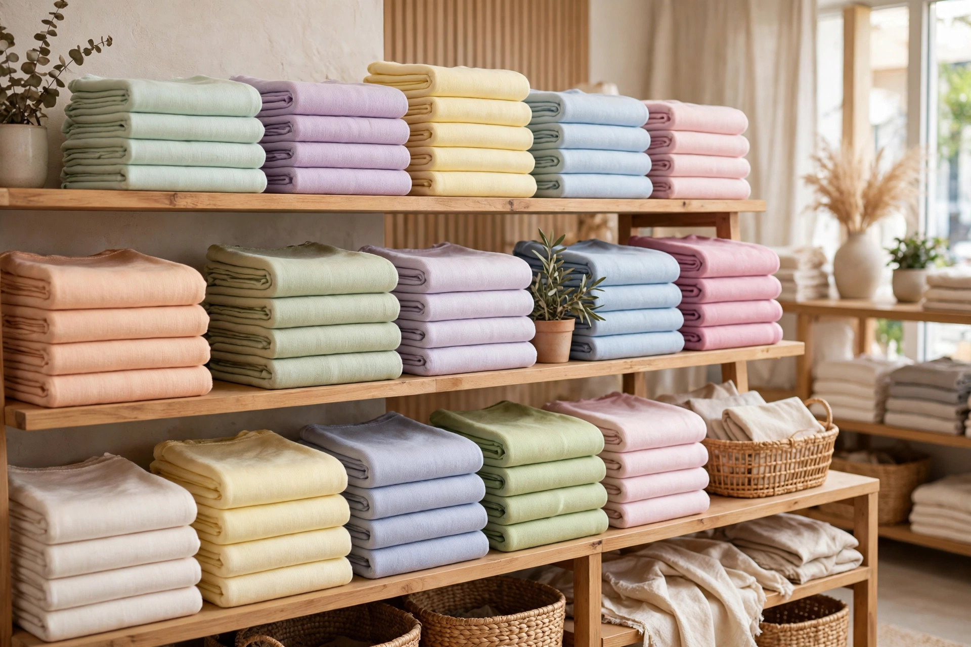 Folded ringspun cotton jersey fabrics in soft colours on shelves in a fabric store