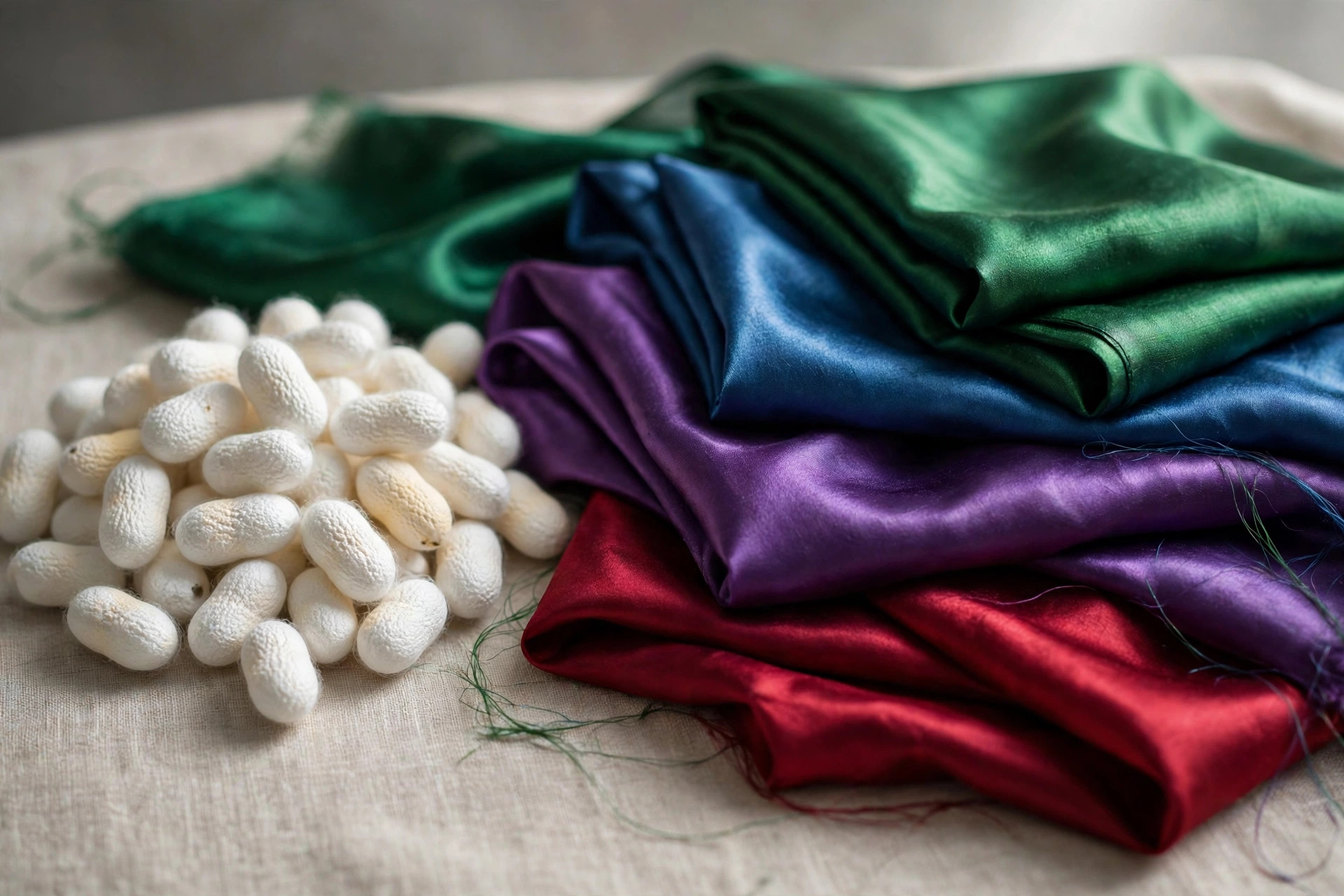 Silkworm cocoons beside lustrous woven silk fabric in rich colours