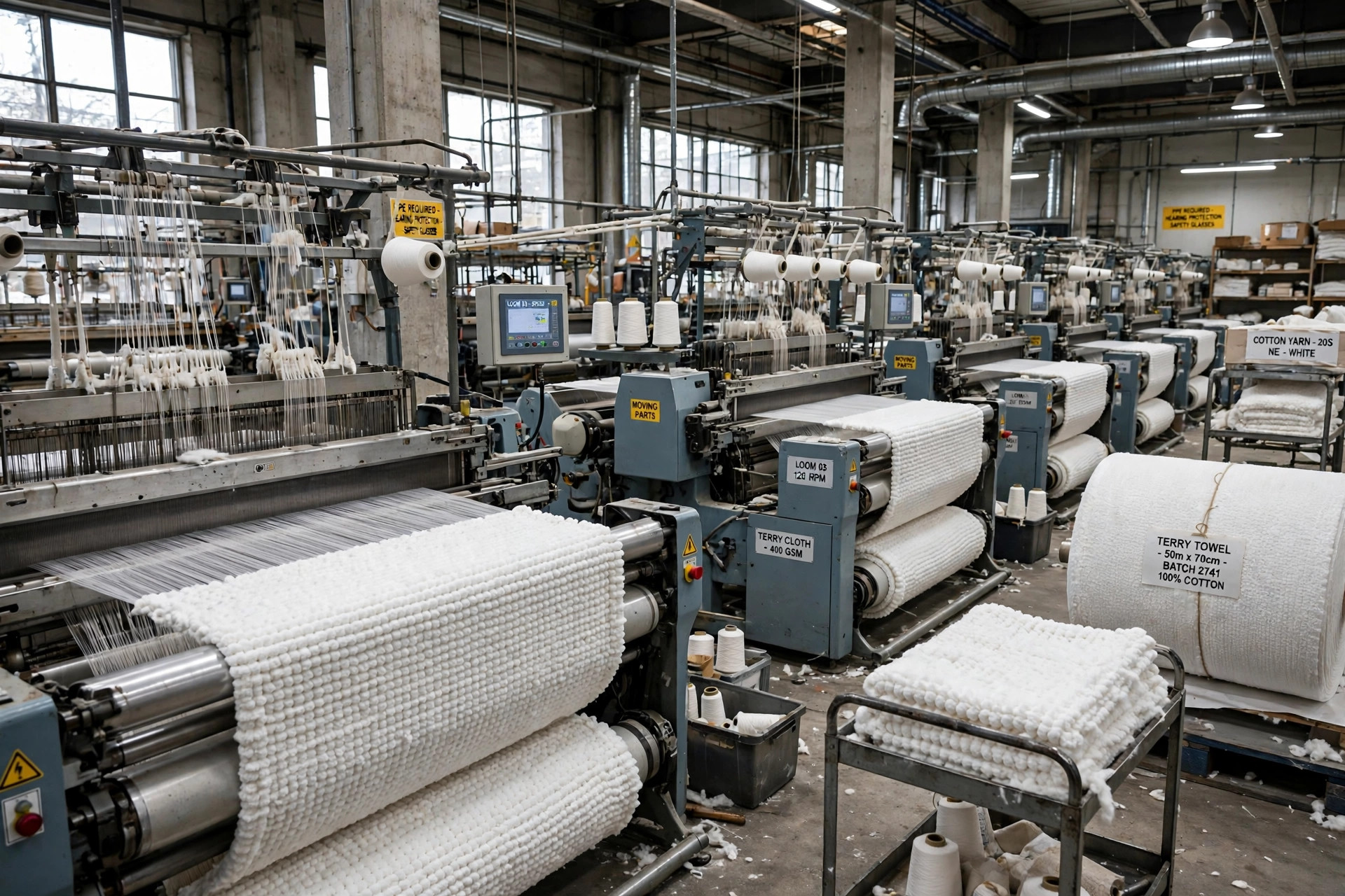 Industrial looms weaving white terry cloth toweling in a textile mill