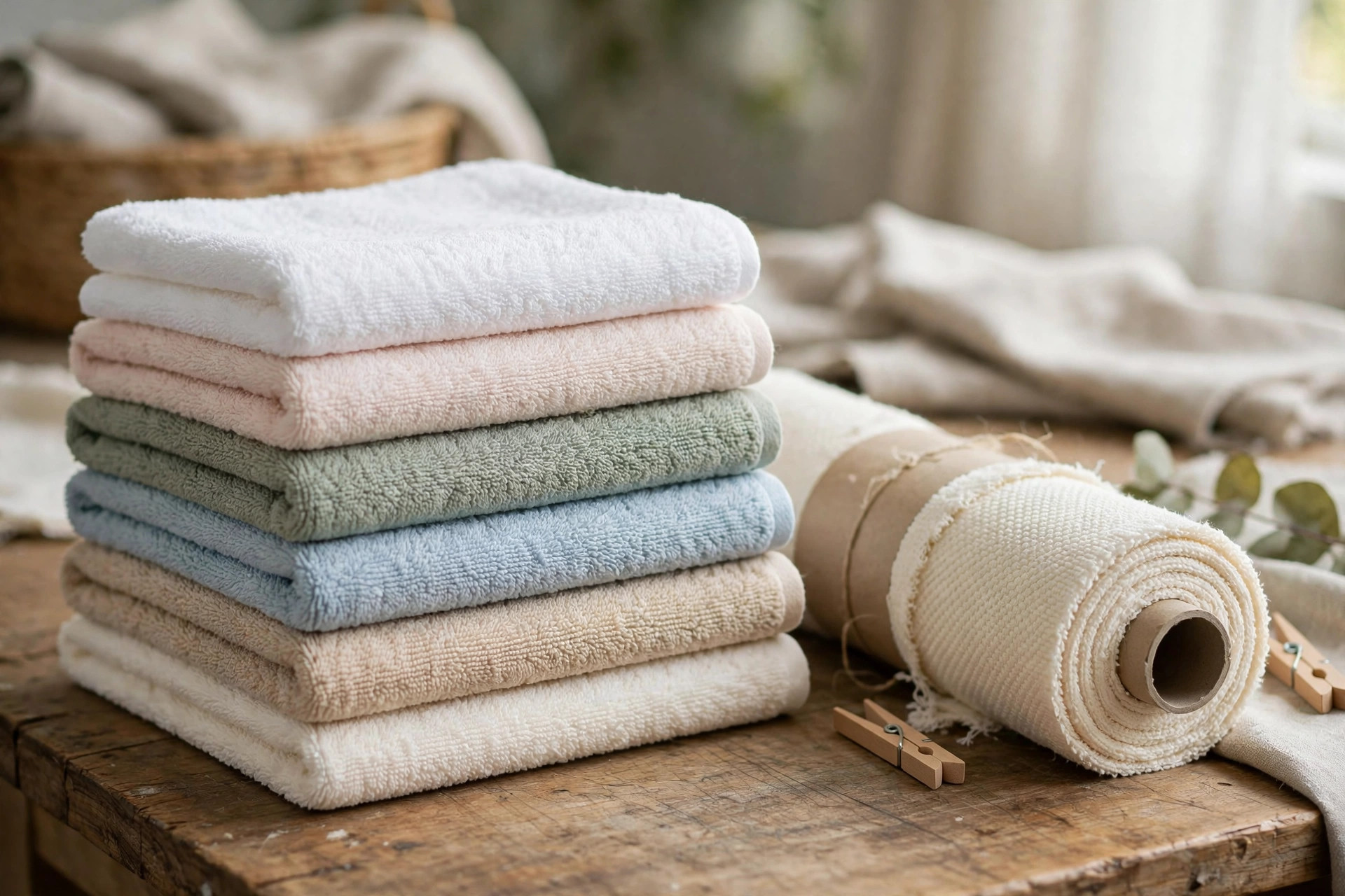 Neatly stacked terry towels in white and soft colors beside a bolt of terry cloth