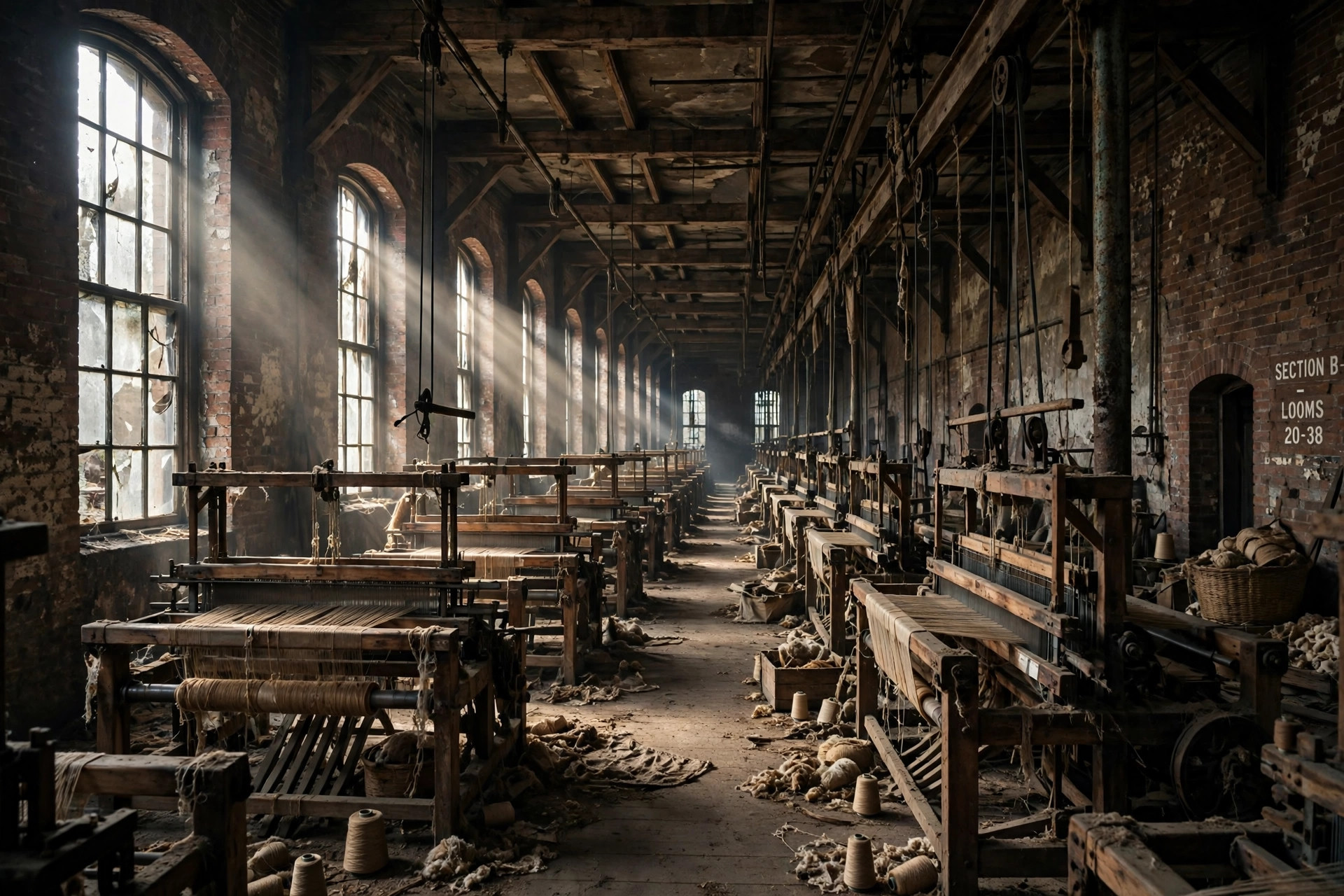 Atmospheric old textile mill interior with rows of looms in soft window light