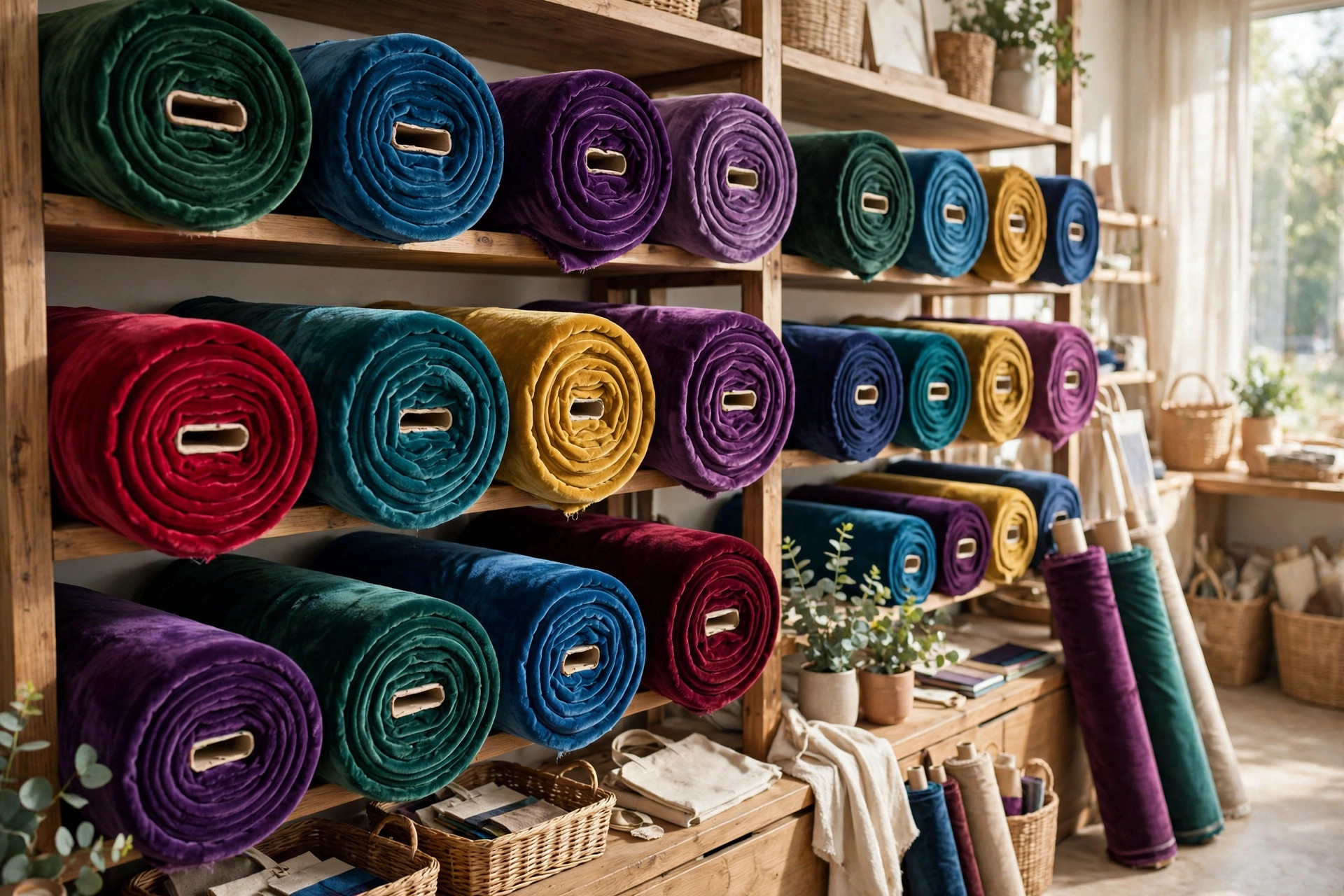 Bolts of plush velour fabric in rich jewel tones arranged on shelves in a retail fabric store