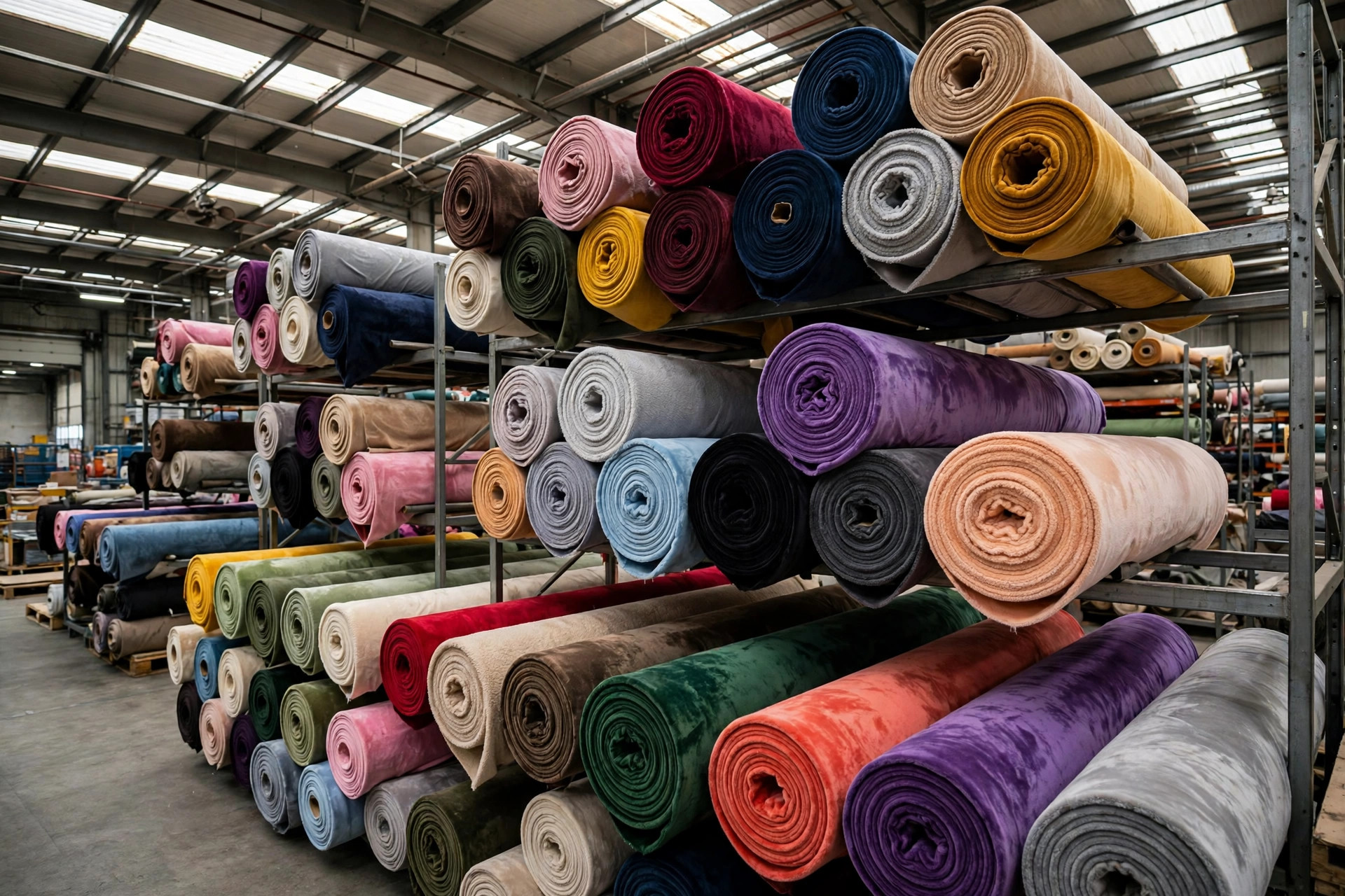 Warehouse rolls of velour and fleece fabric in many colours stacked ready for wholesale distribution
