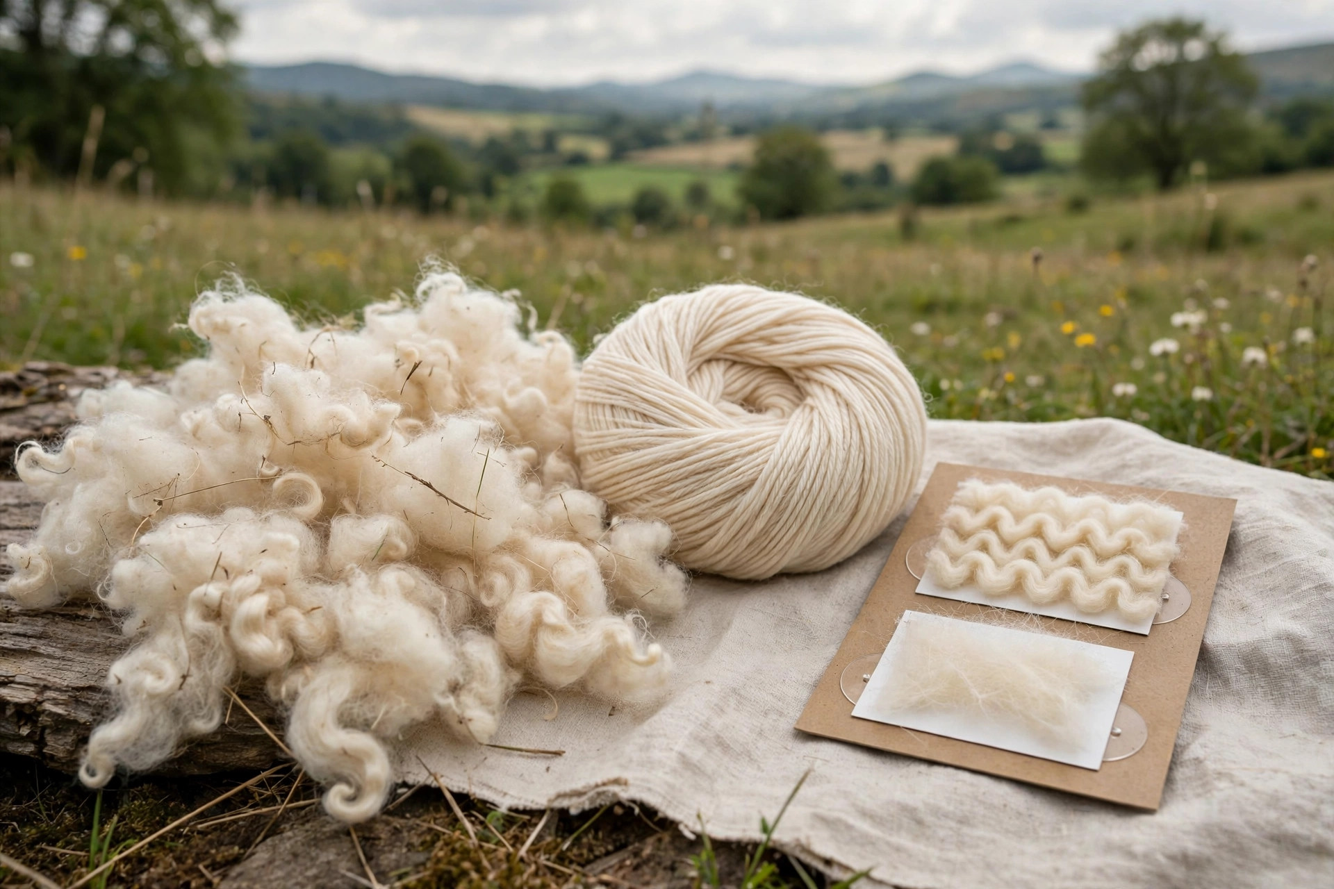 Natural wool fleece and spun wool yarn beside a fleece sample card showing crimp and fibre fineness