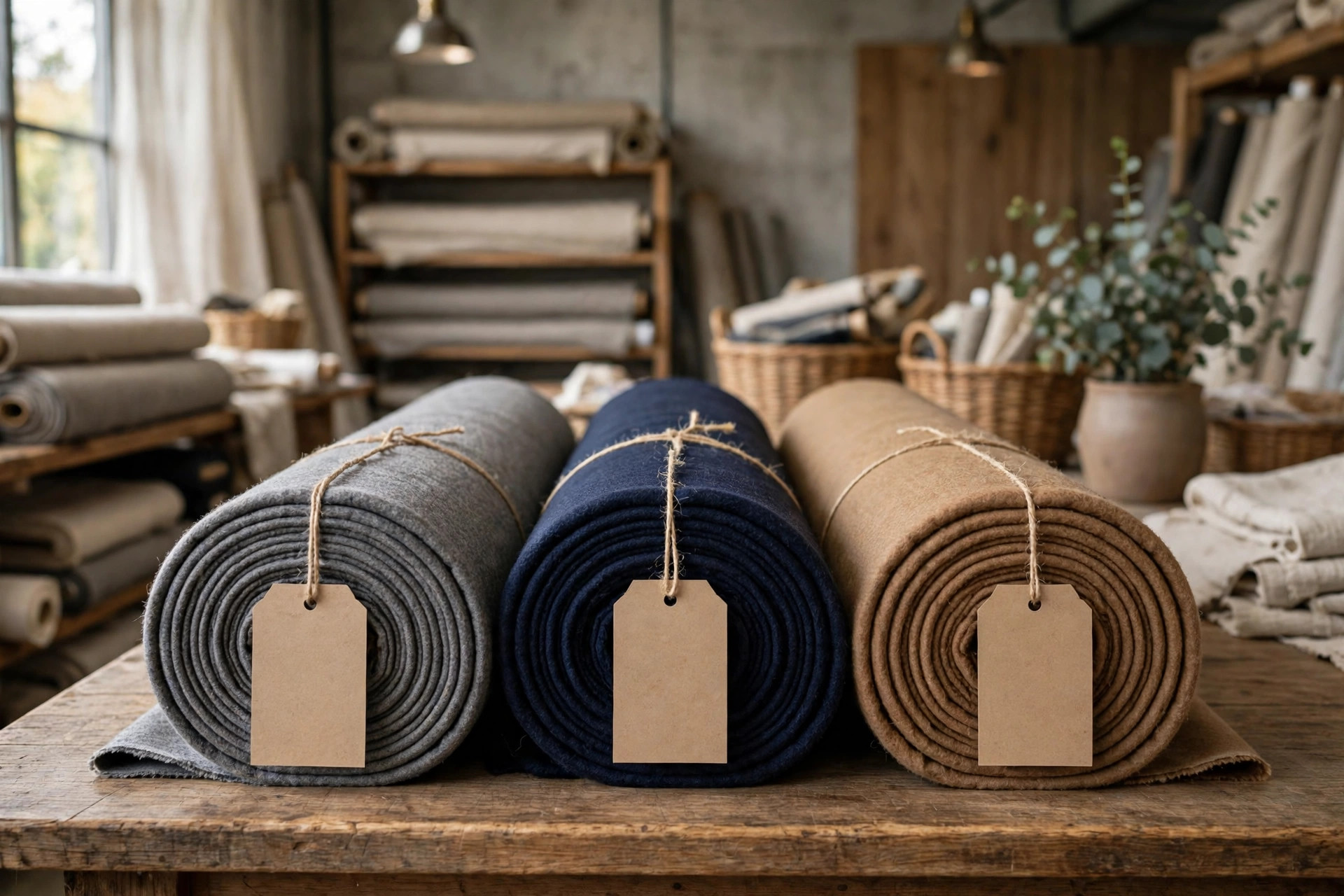 Rolls of wool suiting and coating fabric in grey, navy and camel with mill tickets attached