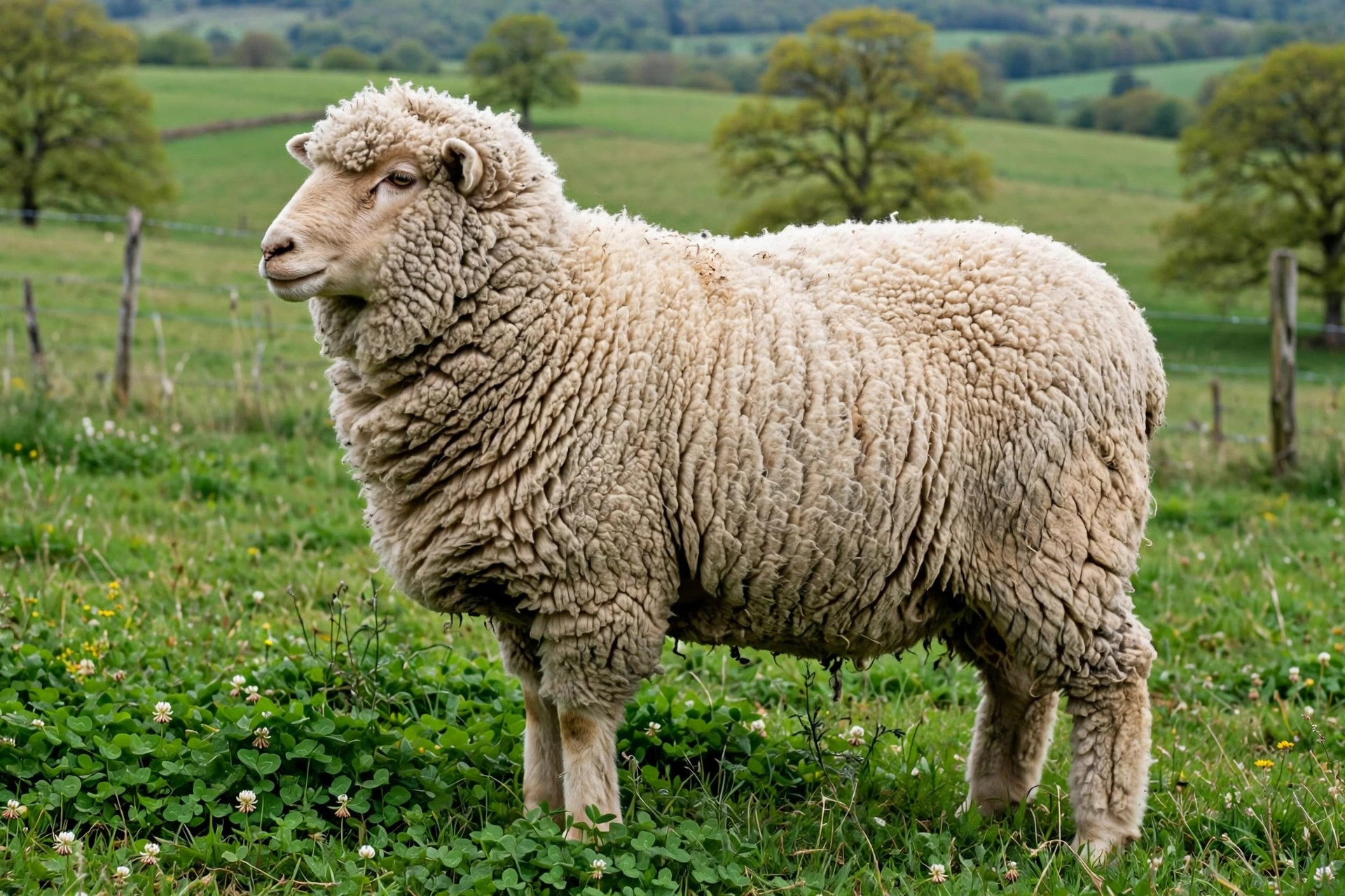 Rambouillet sheep with a full fleece standing in a pasture, representing the source of fine apparel wool