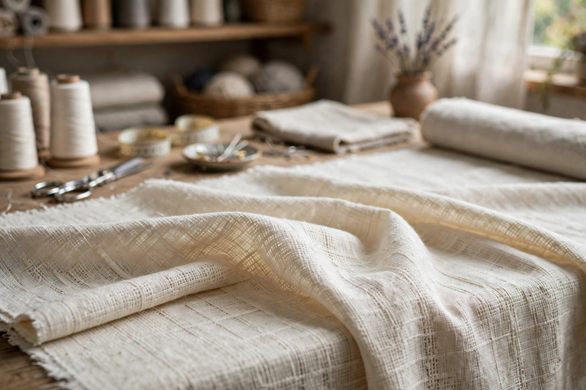 Close-up of plain weave cotton fabric showing the simple over-and-under grid of warp and weft yarns