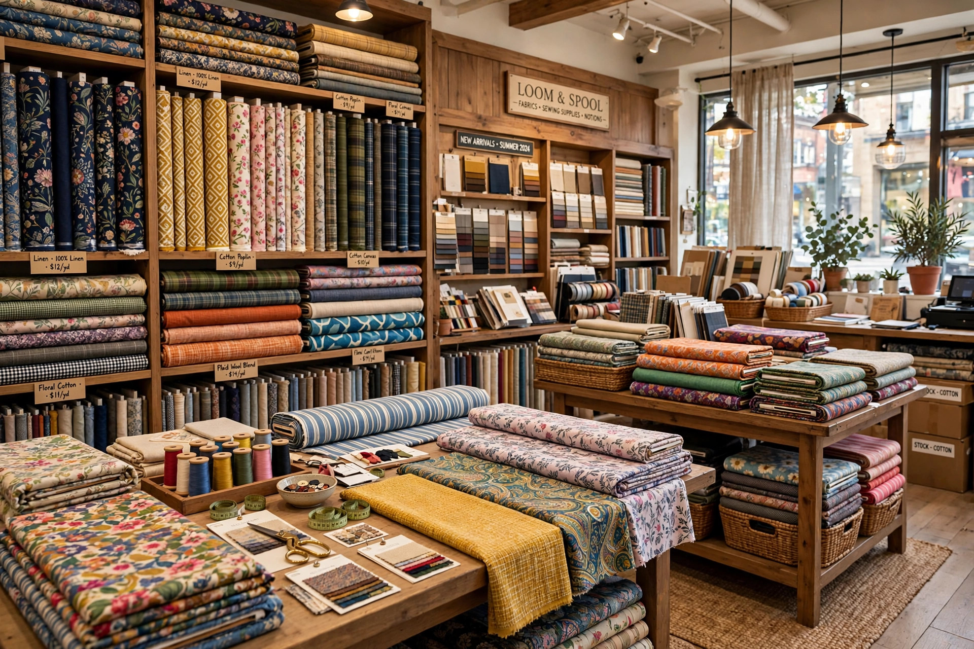 Bolts of woven fabric in varied colors and patterns displayed in a retail fabric store
