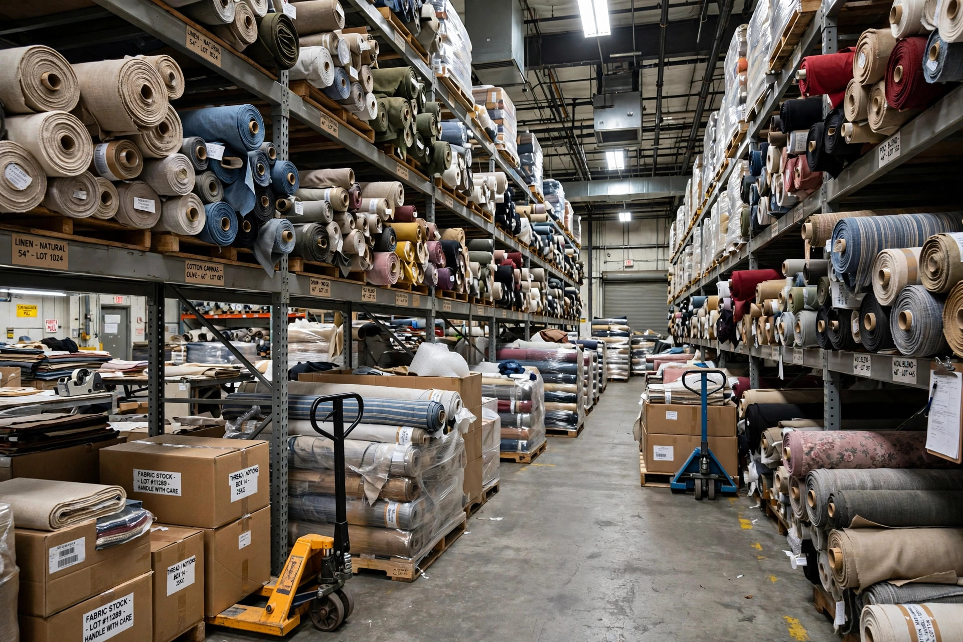 Warehouse shelves stacked with bolts and rolls of woven fabric ready for wholesale distribution