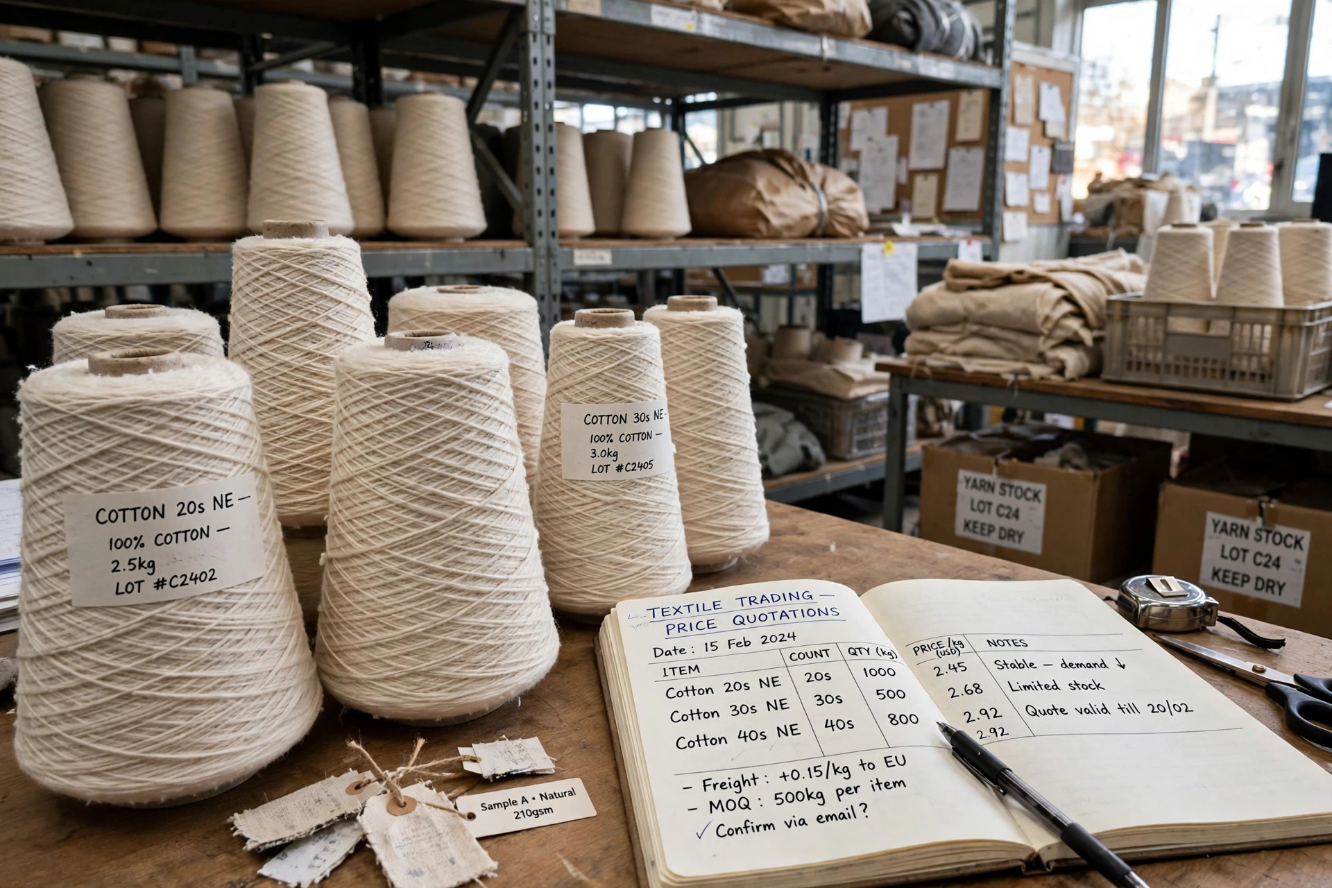 Cones of cotton yarn beside a notebook of price quotations in a textile office