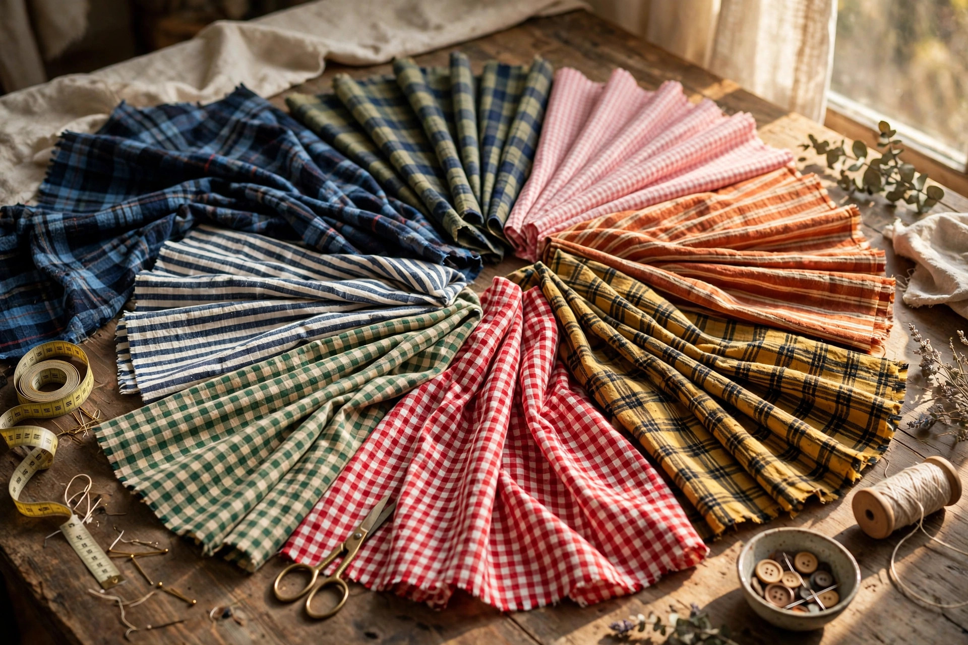 Assortment of yarn-dyed fabrics in plaids stripes and gingham checks fanned out on a table