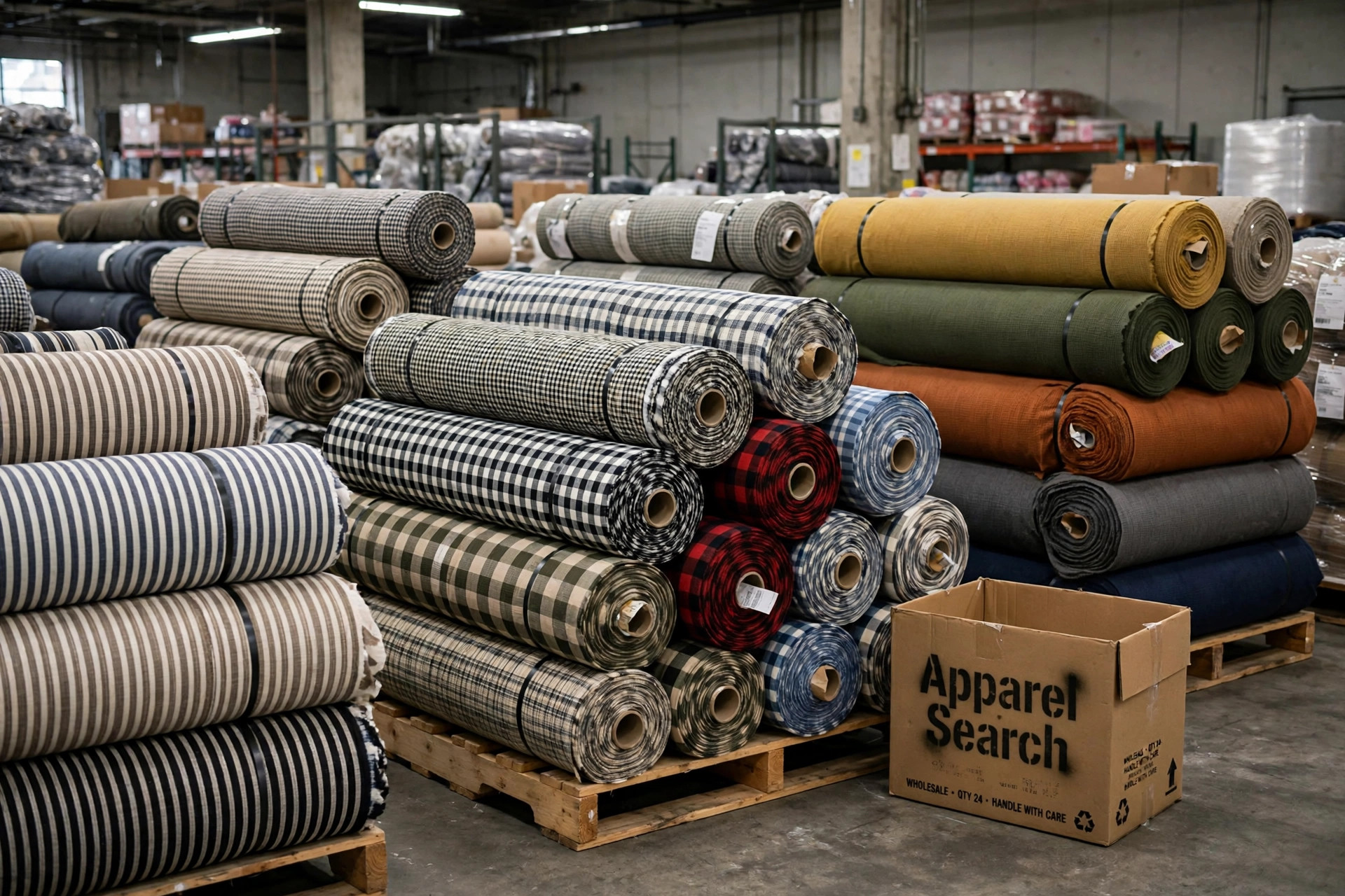 Warehouse rolls of yarn-dyed woven fabric in stripes checks and solids ready for wholesale dispatch