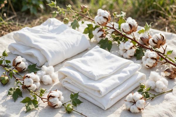 White cotton bolls and folded cotton garments