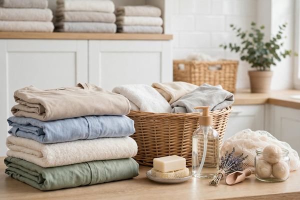 Folded clothes beside a laundry basket