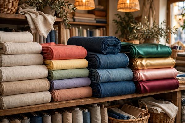 Colorful rolls of fabric in a textile shop