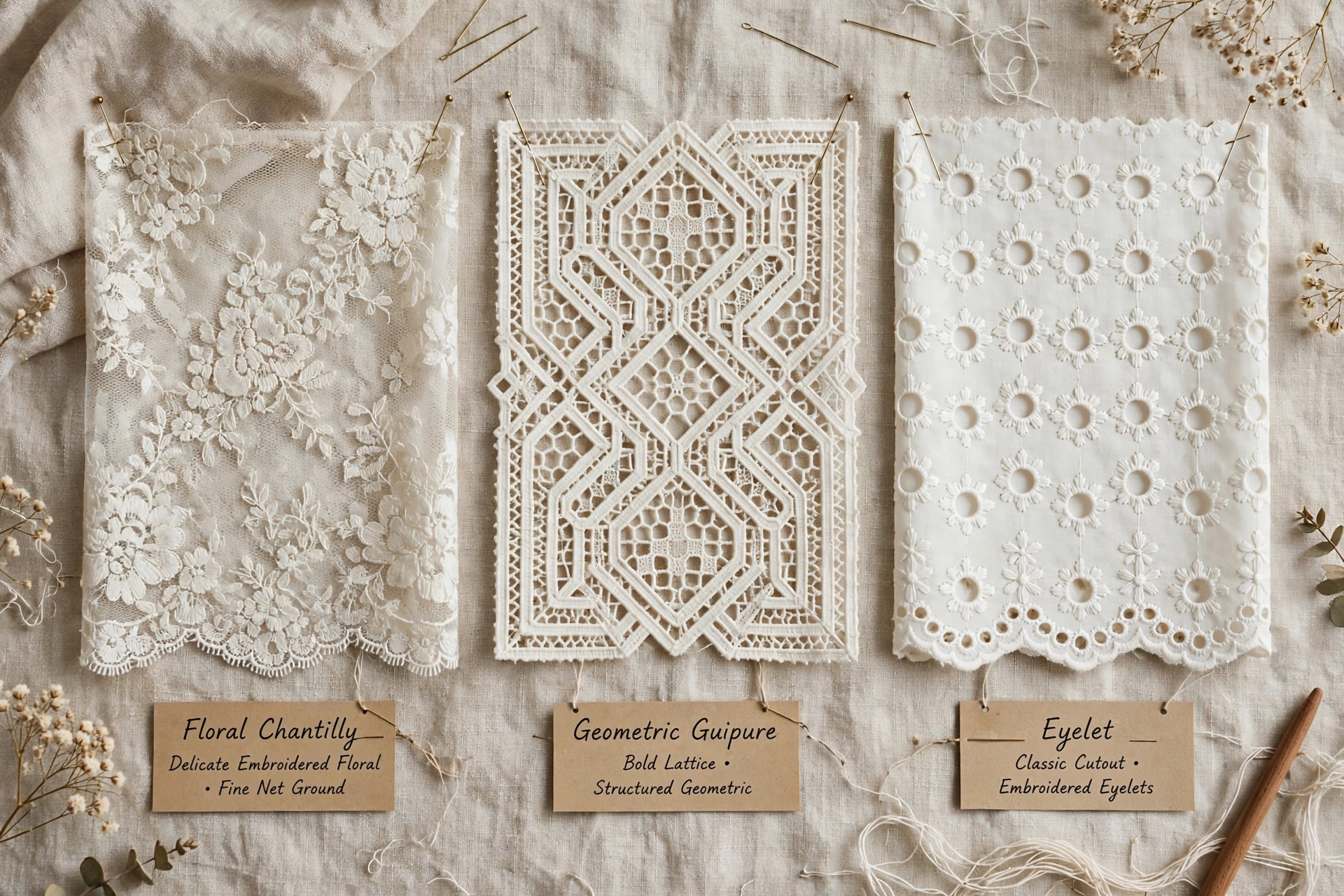 Ivory lace fabric with an intricate floral openwork pattern