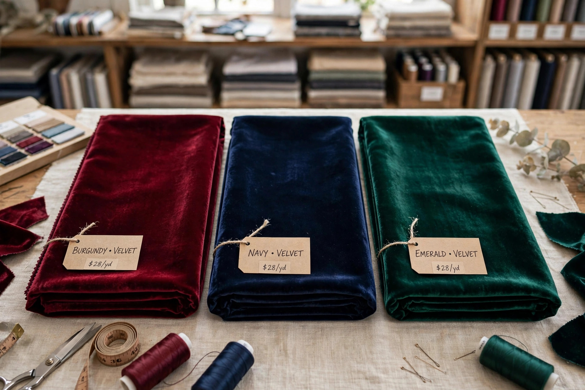 Burgundy velvet fabric draped in soft folds showing the pile