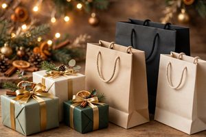 Holiday gift boxes with gold ribbons beside fashionable shopping bags