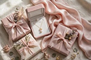Elegant wrapped gifts for her with a silk scarf and jewelry box