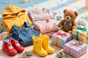 Colorful children clothing gifts with small shoes and wrapped presents