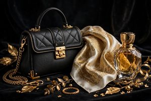 Luxury fashion gifts with designer handbag, silk scarf and perfume