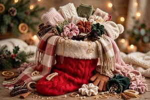 Christmas stocking overflowing with small fashion gifts and accessories