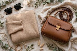 Stylish mid-range fashion gifts with leather handbag, sunglasses and sweater