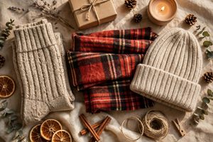 Affordable cozy fashion gifts with knit socks, plaid scarf and beanie