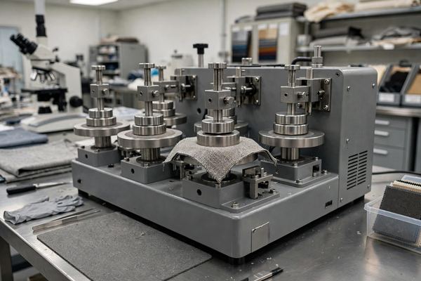 Fabric being tested on abrasion testing machine