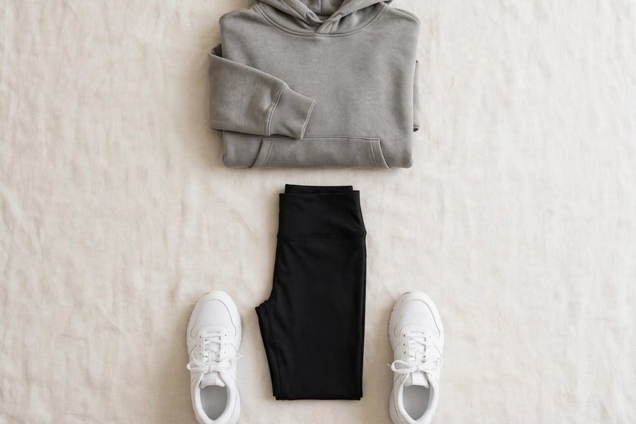 Athleisure outfit flat lay with leggings, sneakers and hoodie