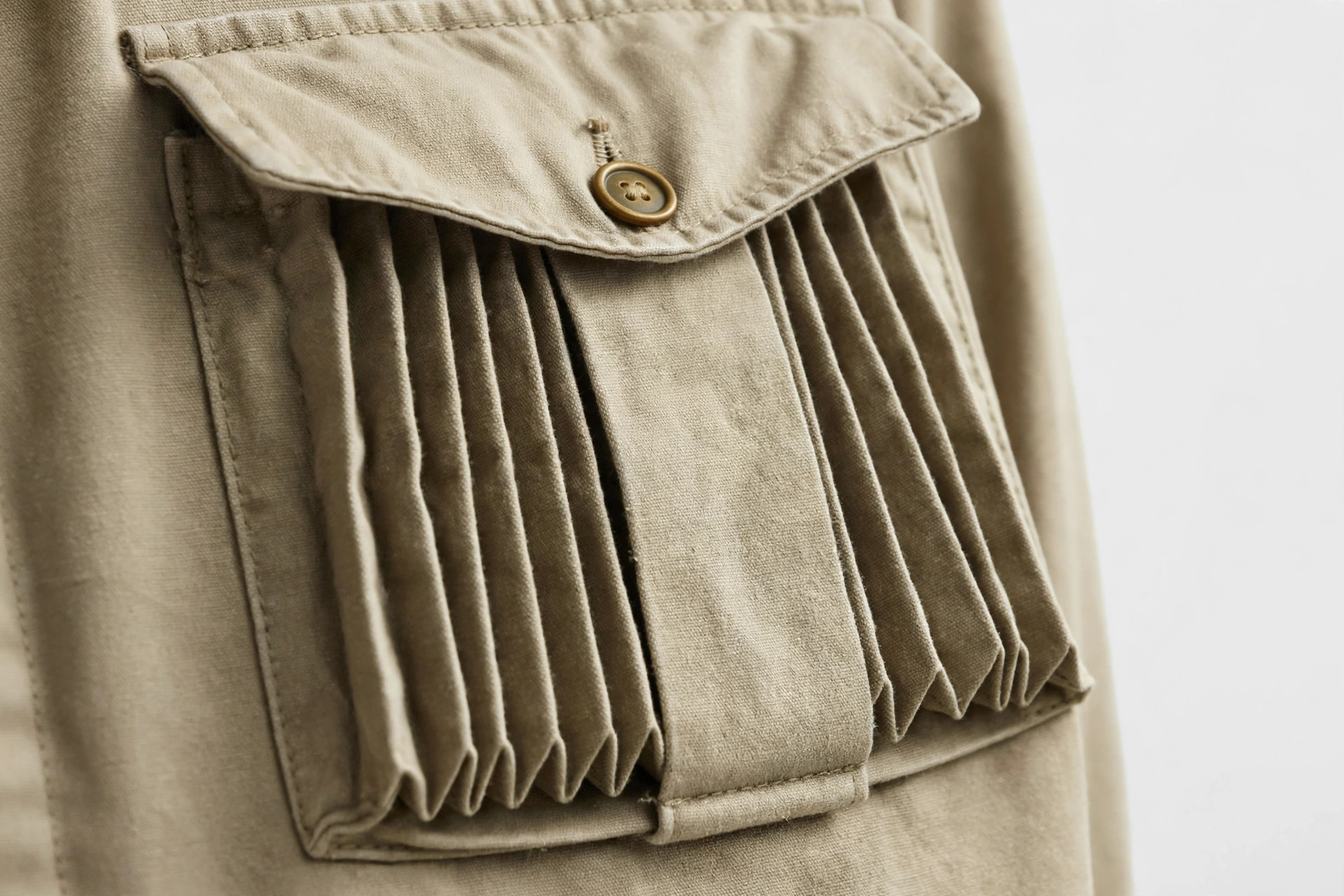 Close-up of an expanding bellows pocket with button flap on a safari jacket