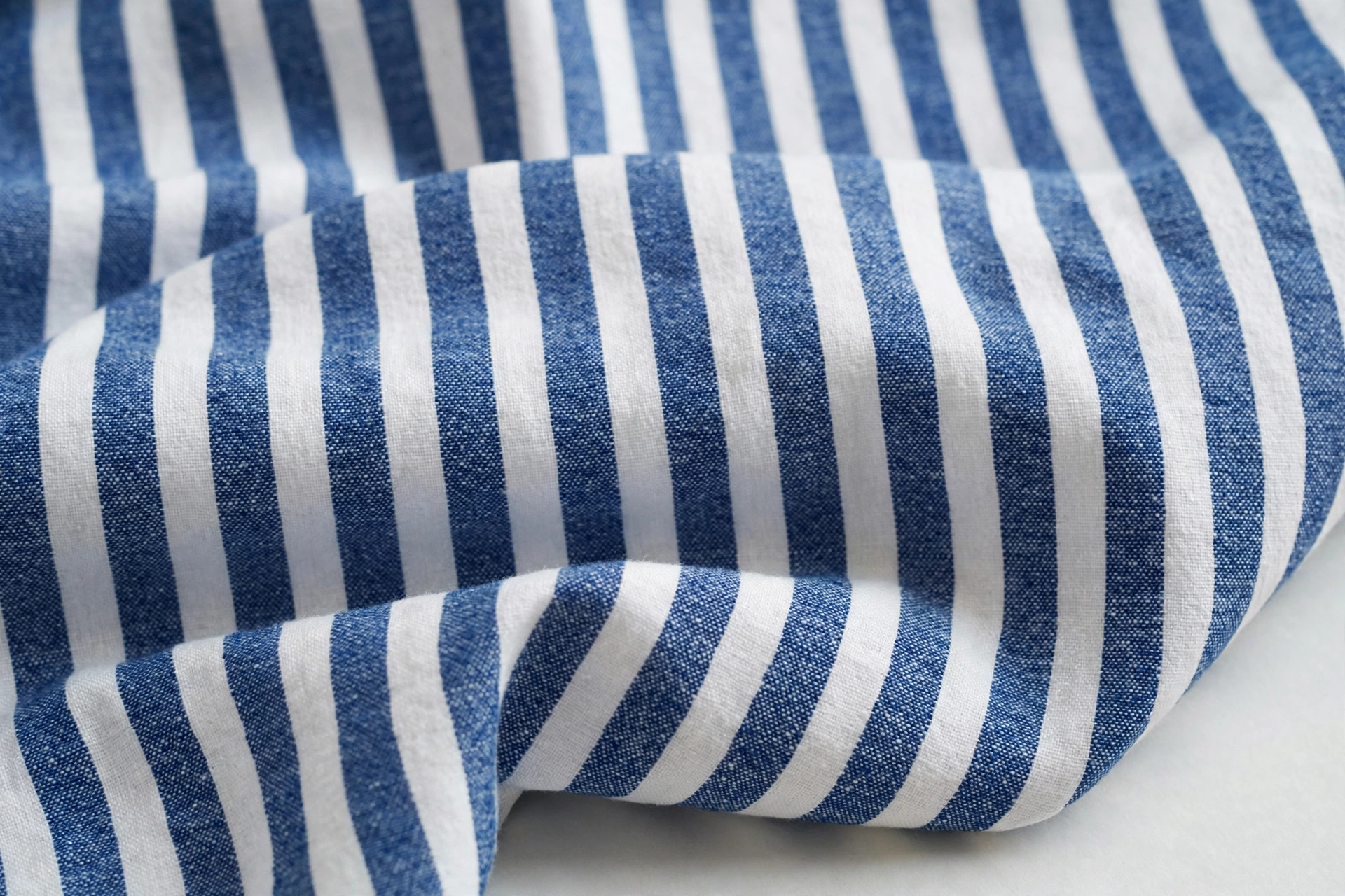 Blue and white Bengal stripe shirting fabric with bold even stripes