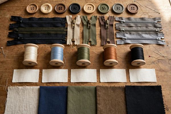 Buttons, zippers, thread, labels and fabric pieces arranged for a garment bill of materials